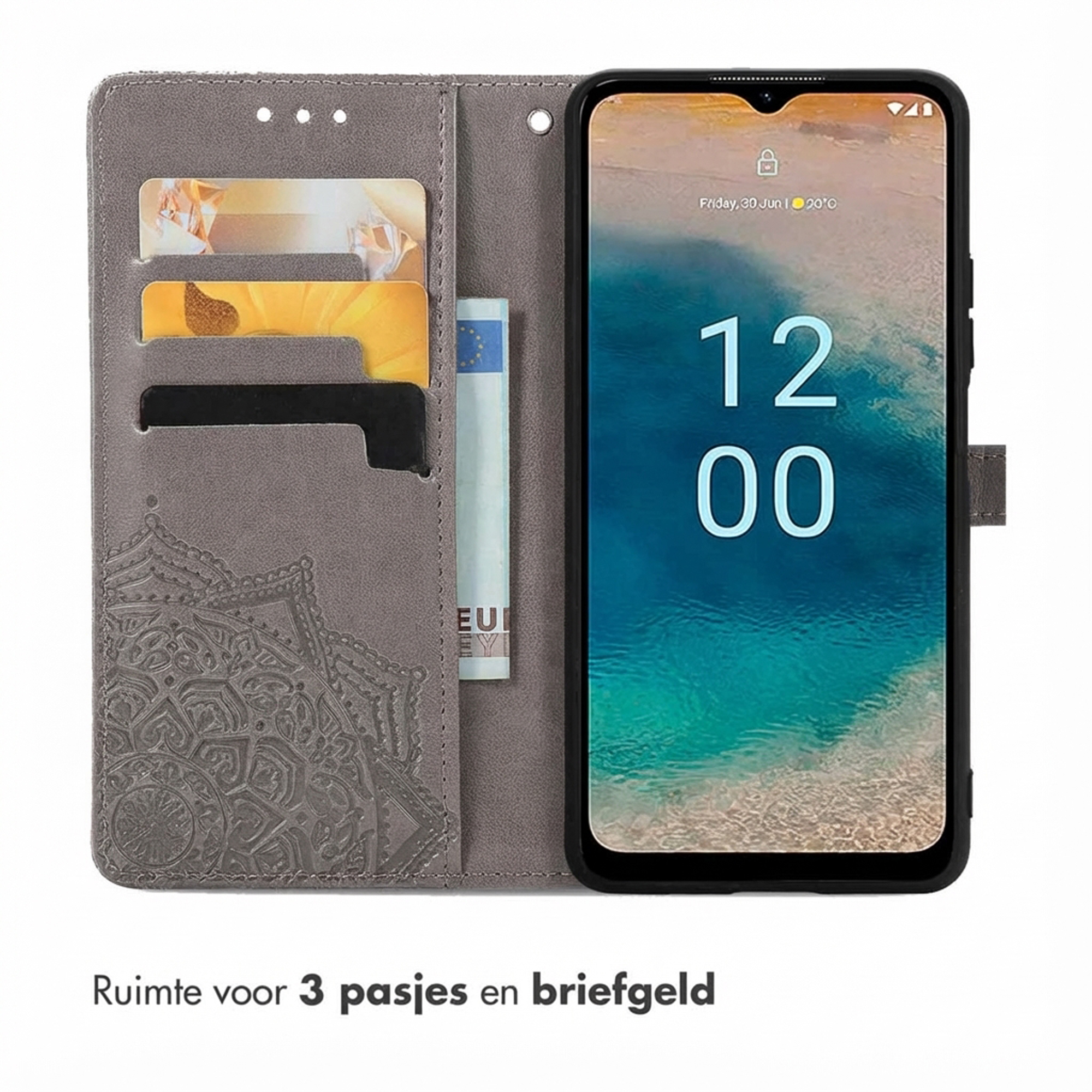 Graues Handy-Etui mit Kartenfächern und Geldscheinfach. Smartphone zeigt 12:00 an.
