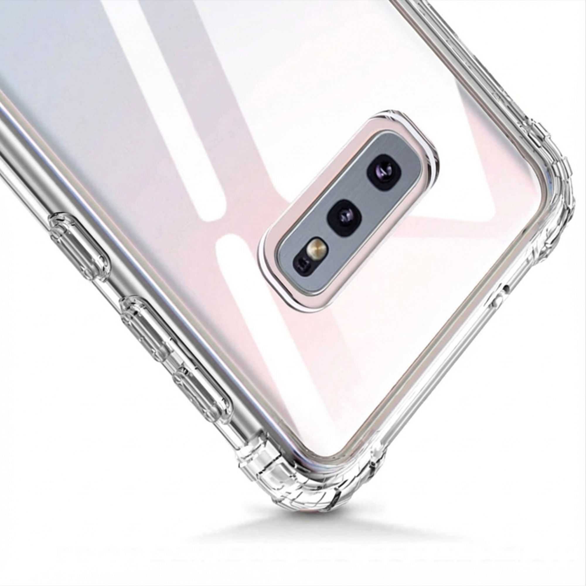 Doorzichtige telefoonhoes met cameramodule en volumeknoppen.