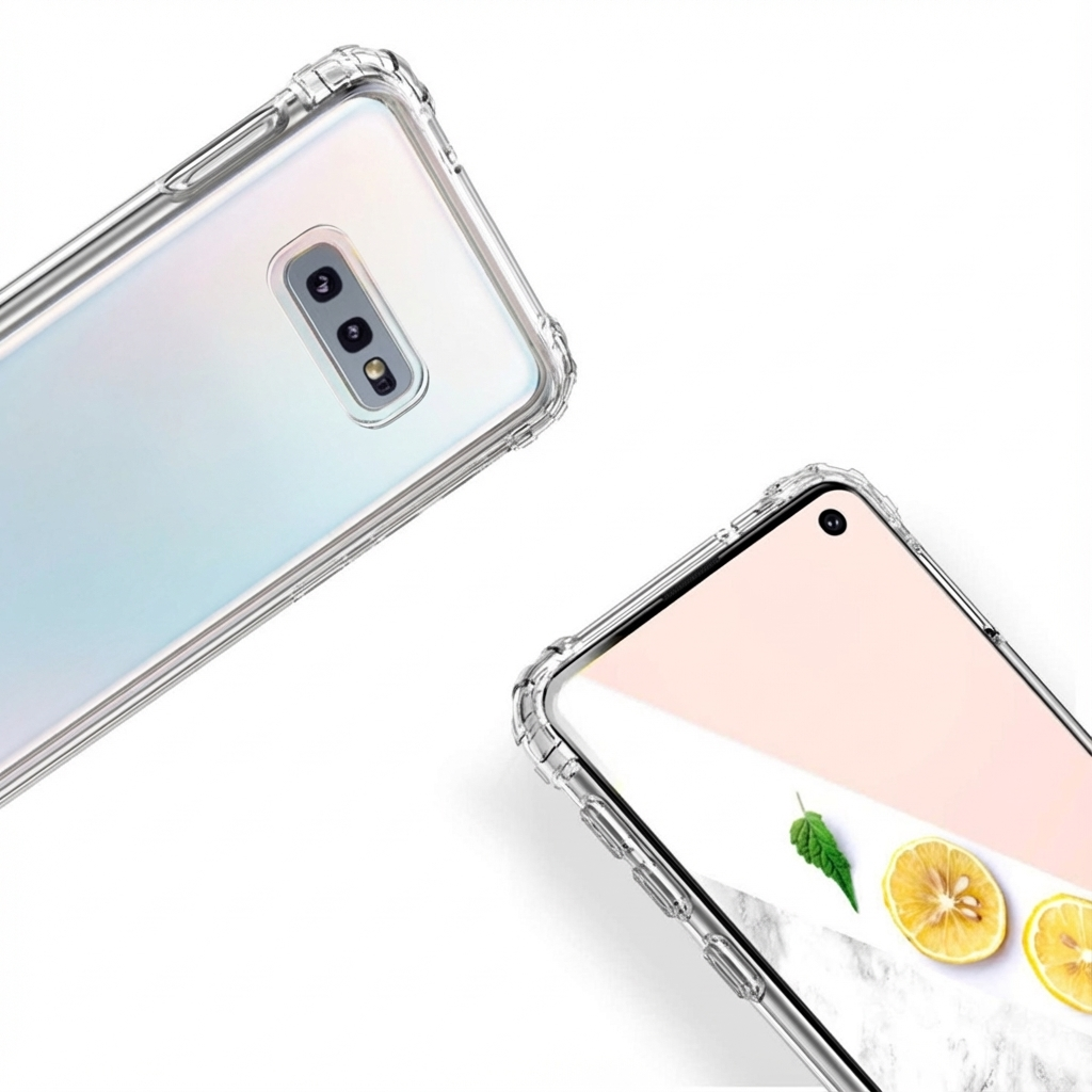 Transparante telefoonhoesjes op witte achtergrond, één toont camera, de andere scherm.