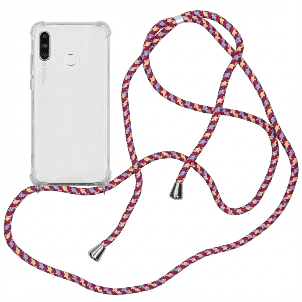 Doorzichtige telefoonhoes met een decoratief rood, blauw en geel koord.