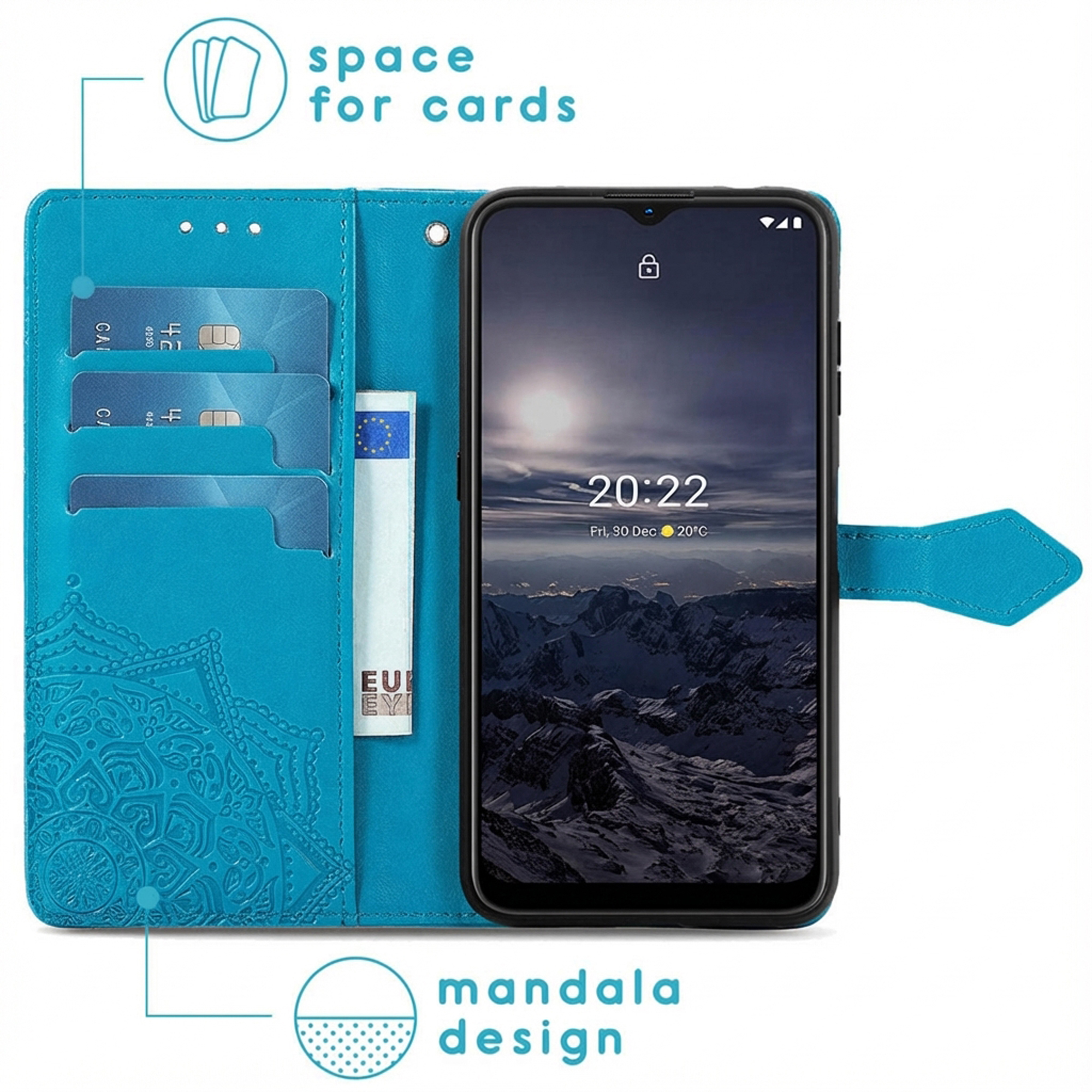 Porte-cartes turquoise avec téléphone affichant un paysage de montagne.