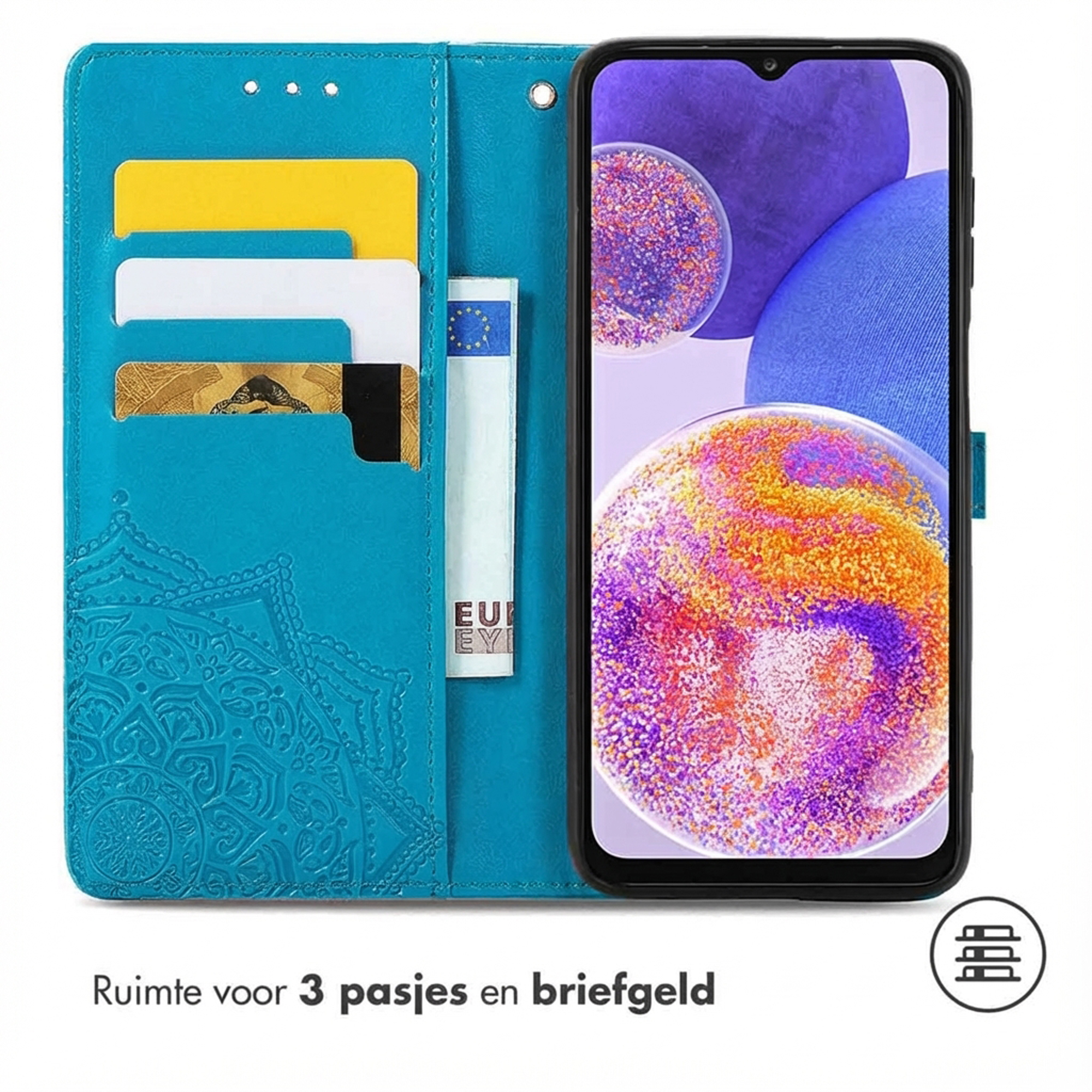 Turquoise telefoonhoes met kaarthouders, telefoon en geldvakje.