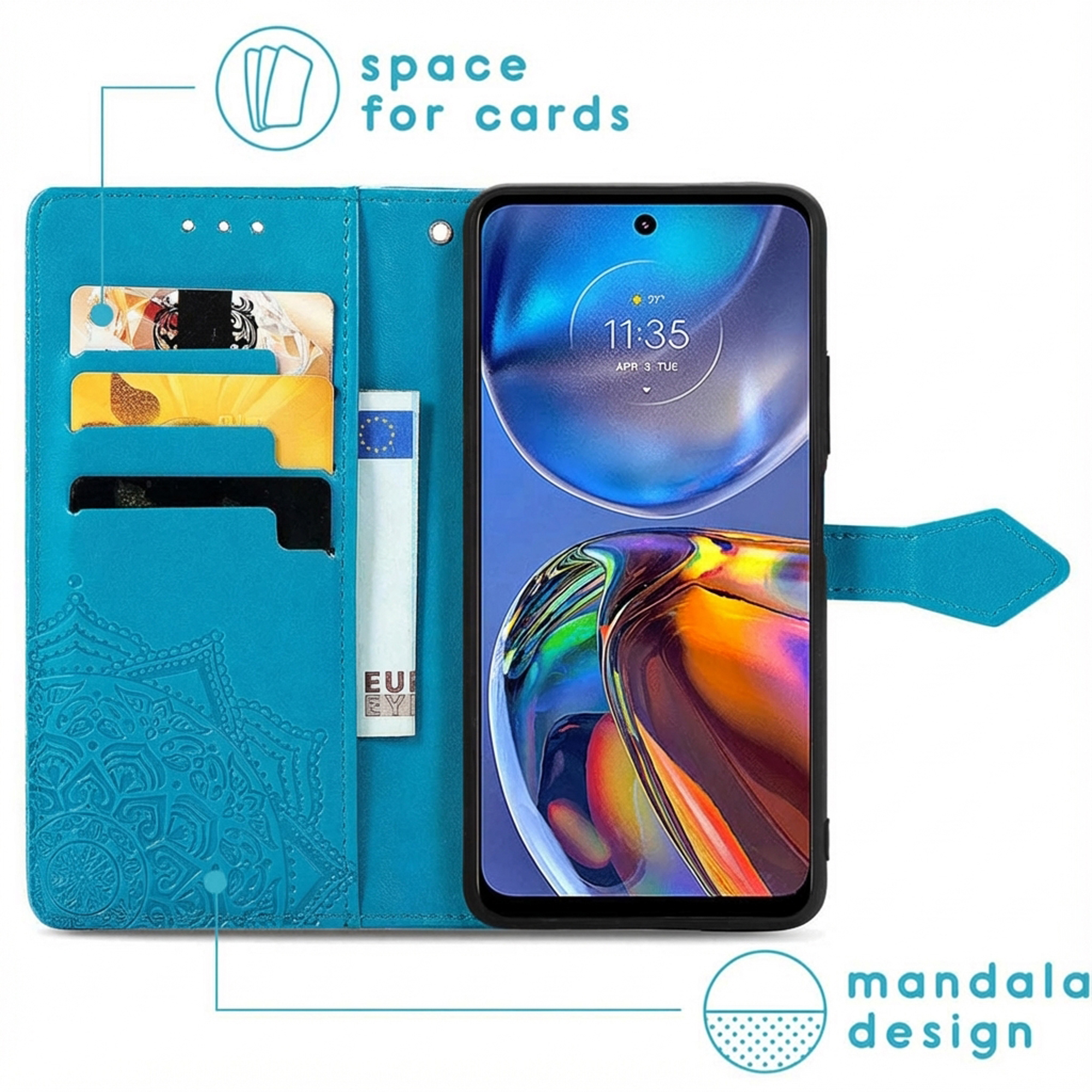 Étui turquoise pour téléphone avec fentes pour cartes et design mandala.