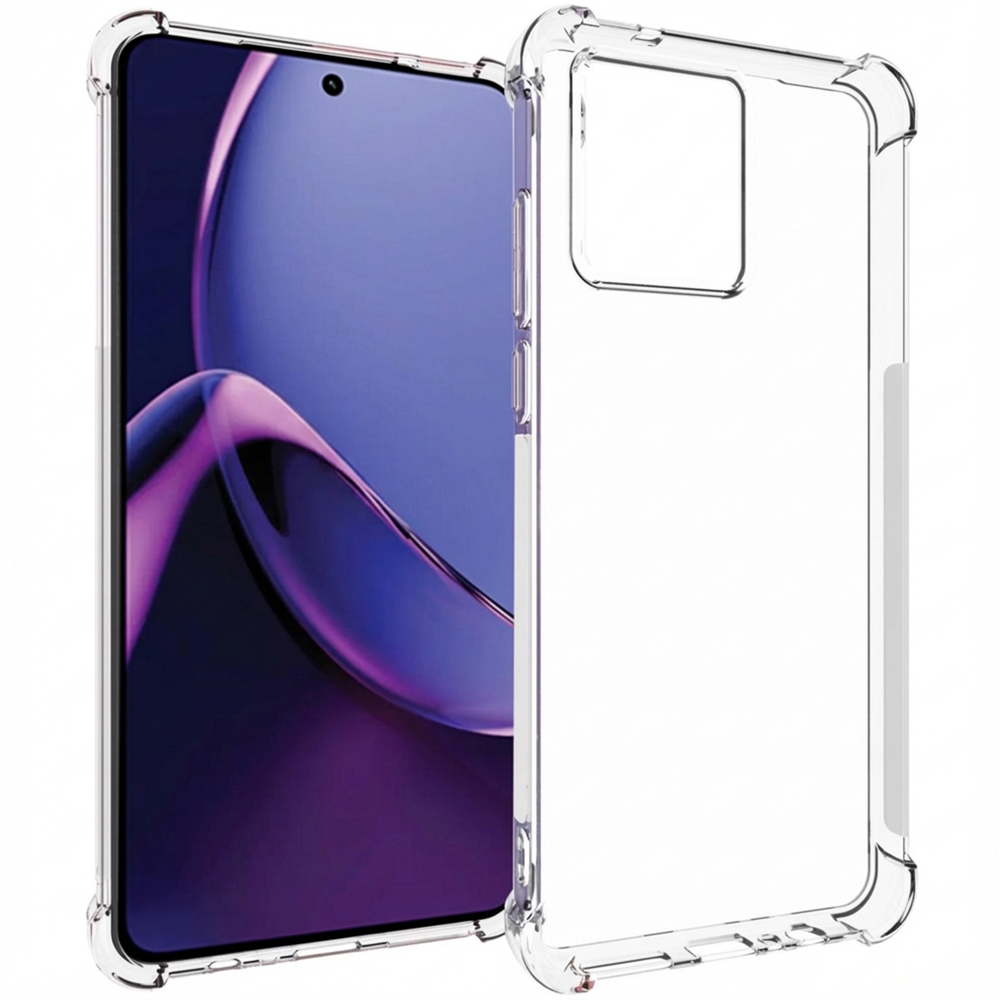 Een transparante telefoonhoes met een paars-blauwe achtergrondafbeelding.