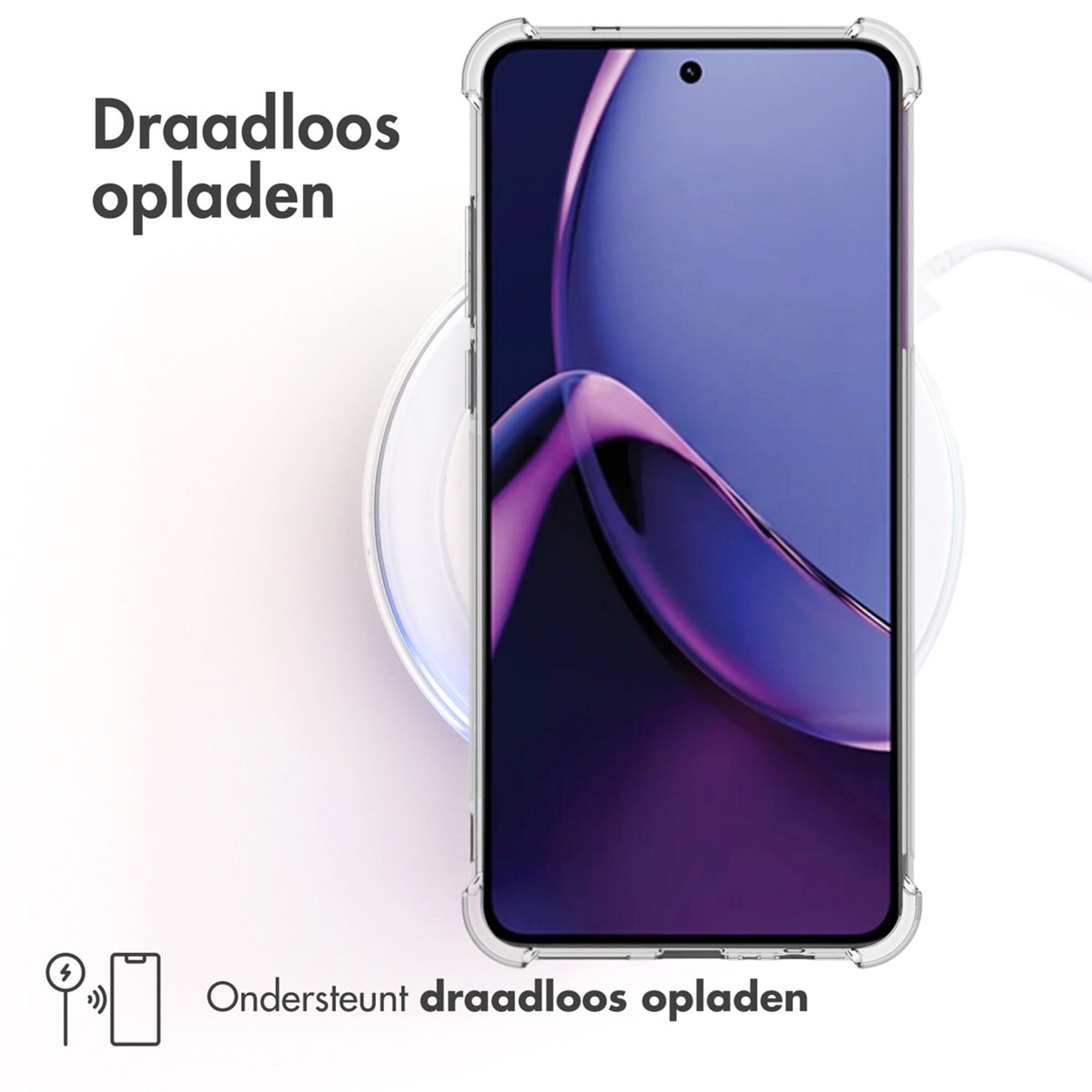 Smartphone wordt draadloos opgeladen op een laadstation.