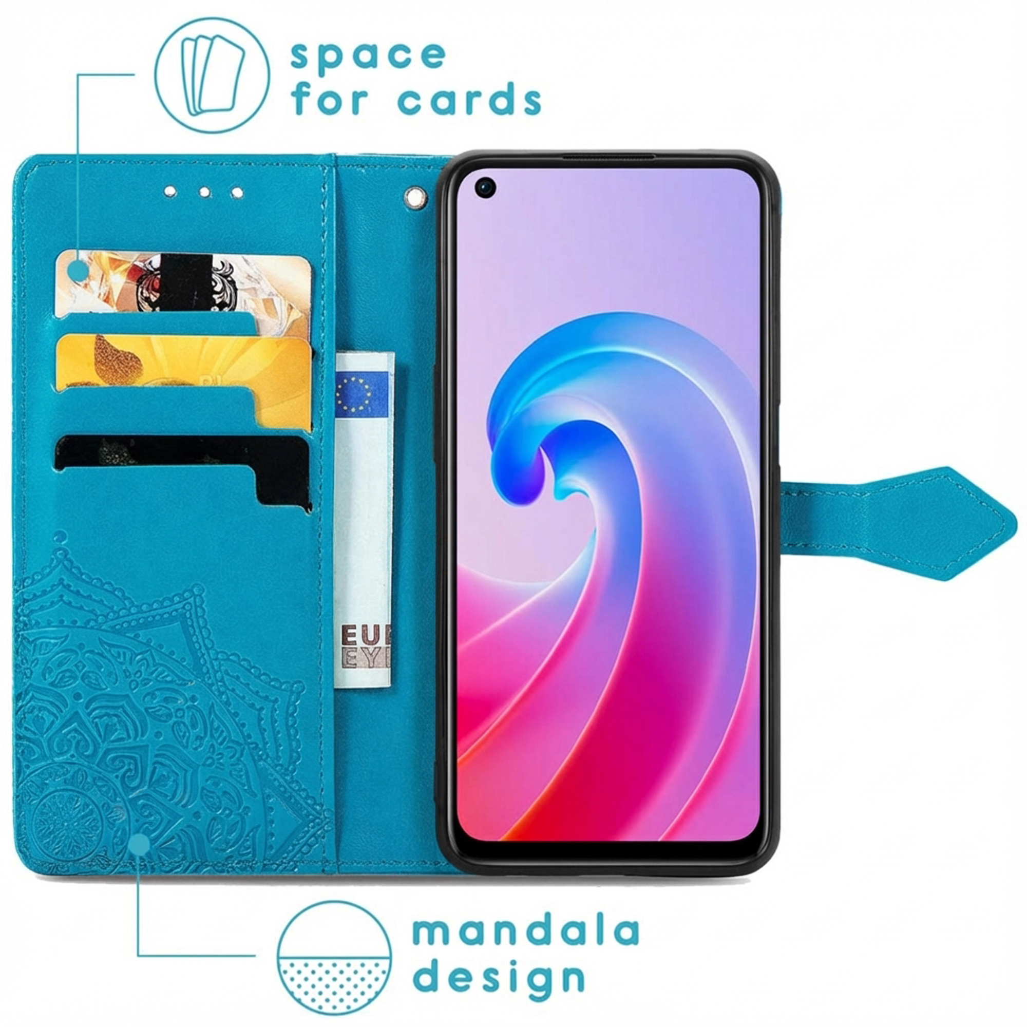 Turquoise telefoonhoes met kaarthouders, mandala-ontwerp en een telefoon.