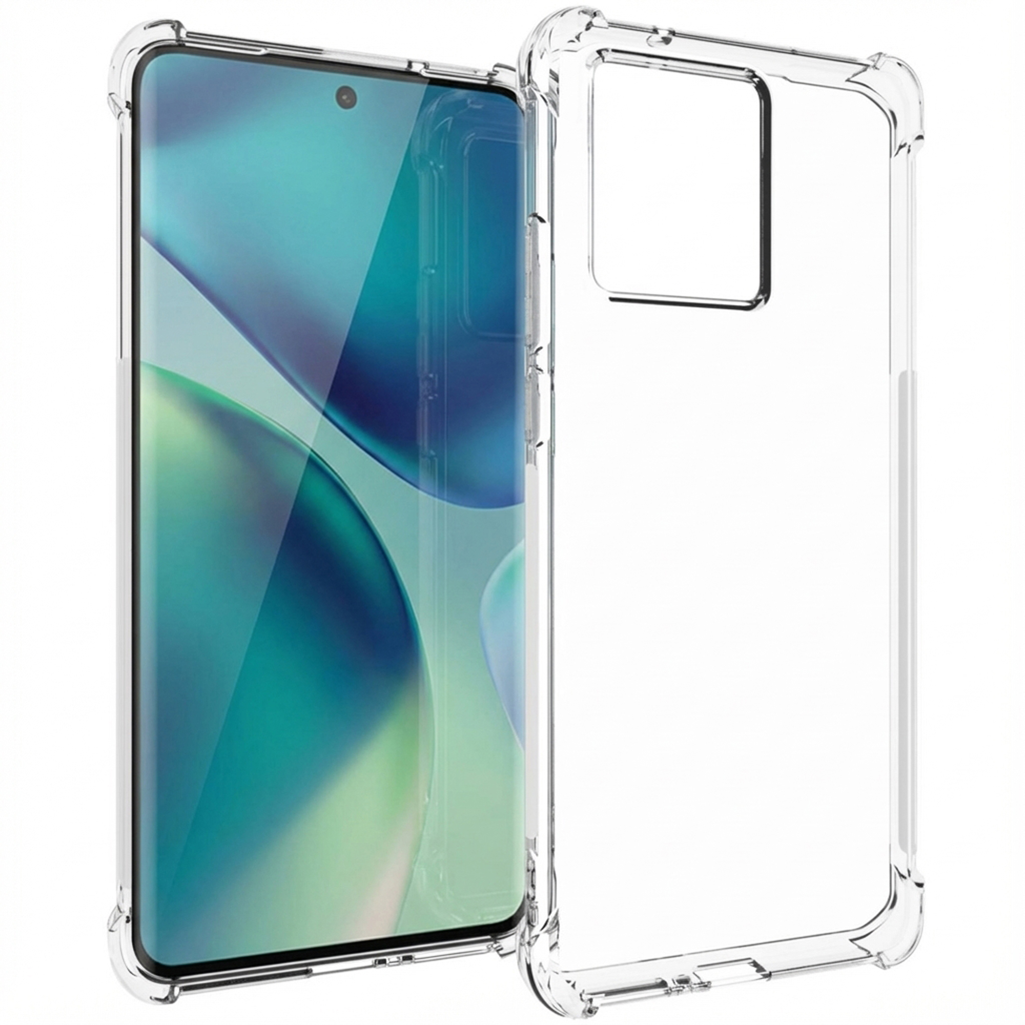 Een doorzichtige telefoonhoes met verstevigde hoeken. Links is een telefoon te zien.
