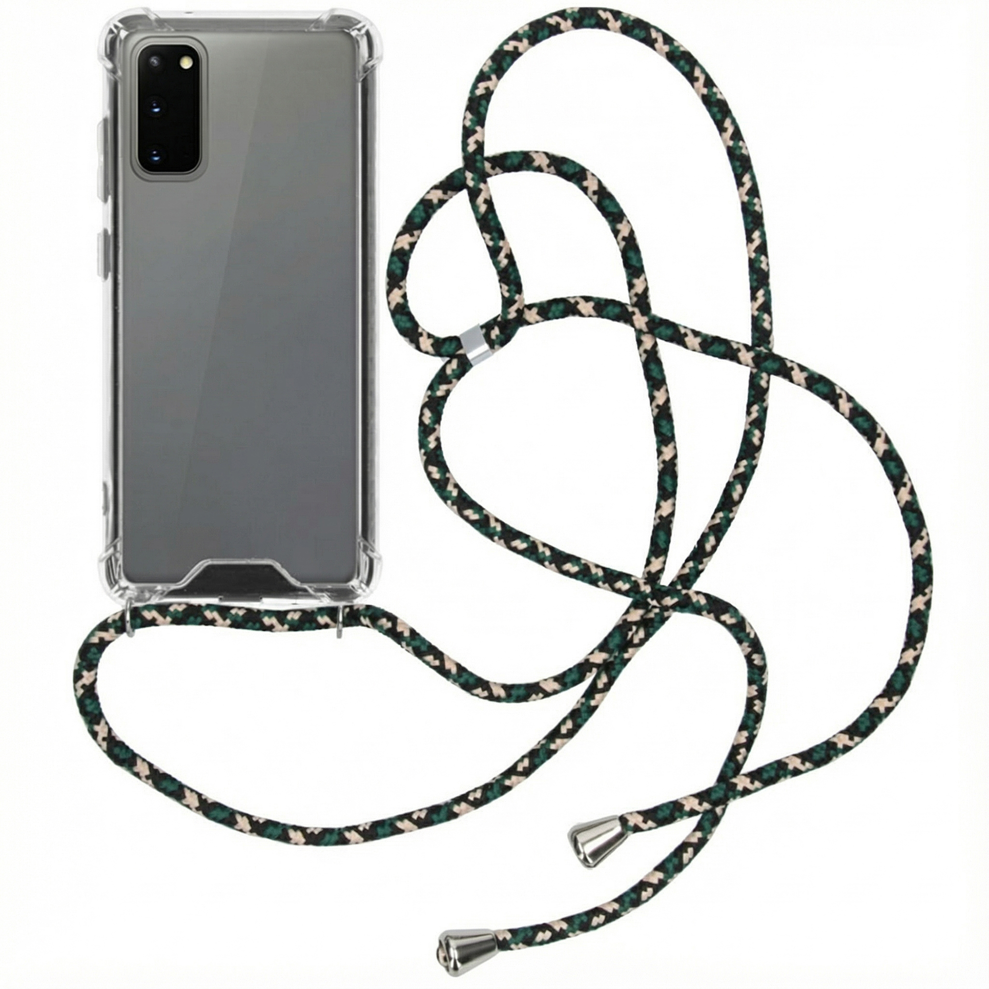 Een doorzichtige telefoonhoes met een patroonband in groen, zwart en wit.