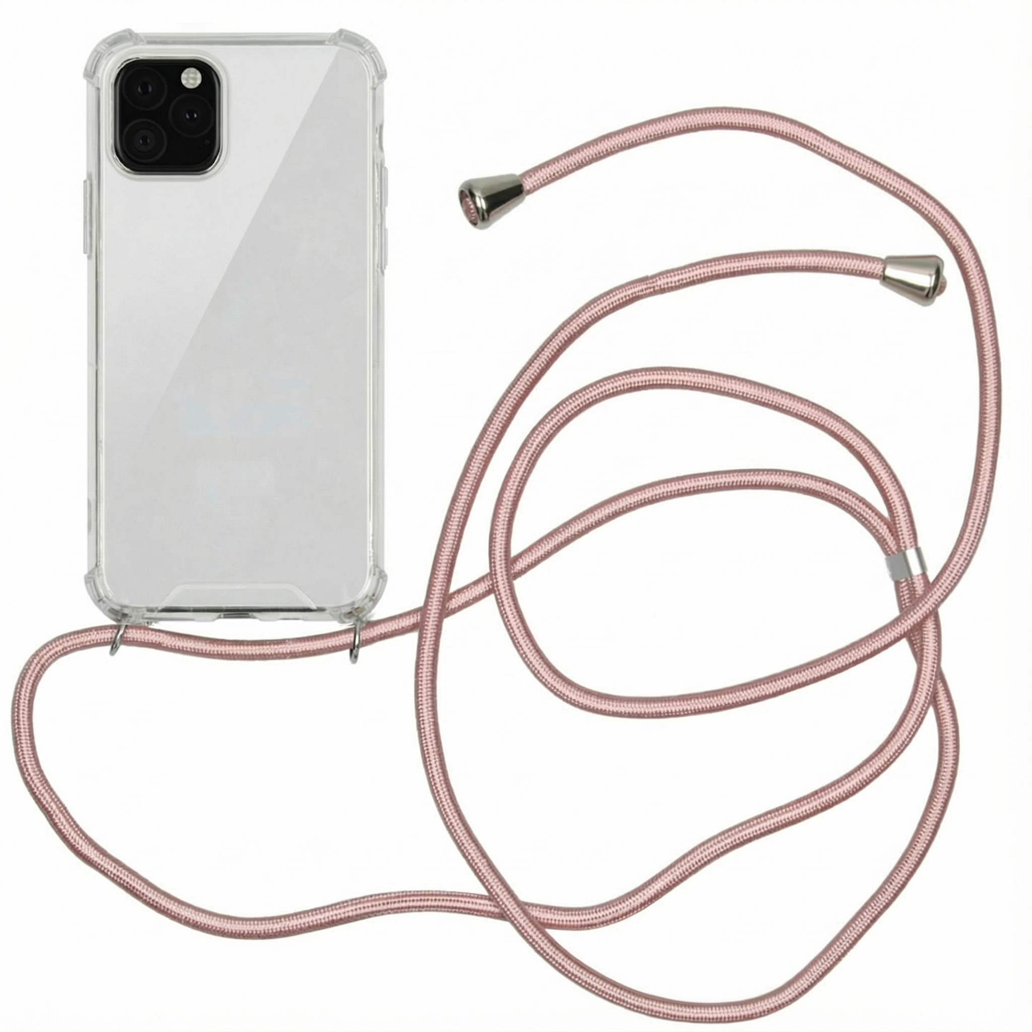 Een doorzichtige telefoonhoes met een roze koord.