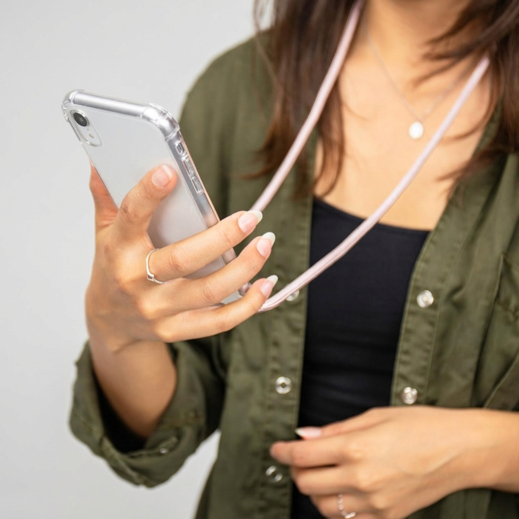 Een vrouw houdt een smartphone vast met een doorzichtige hoes en een lichtroze koord.