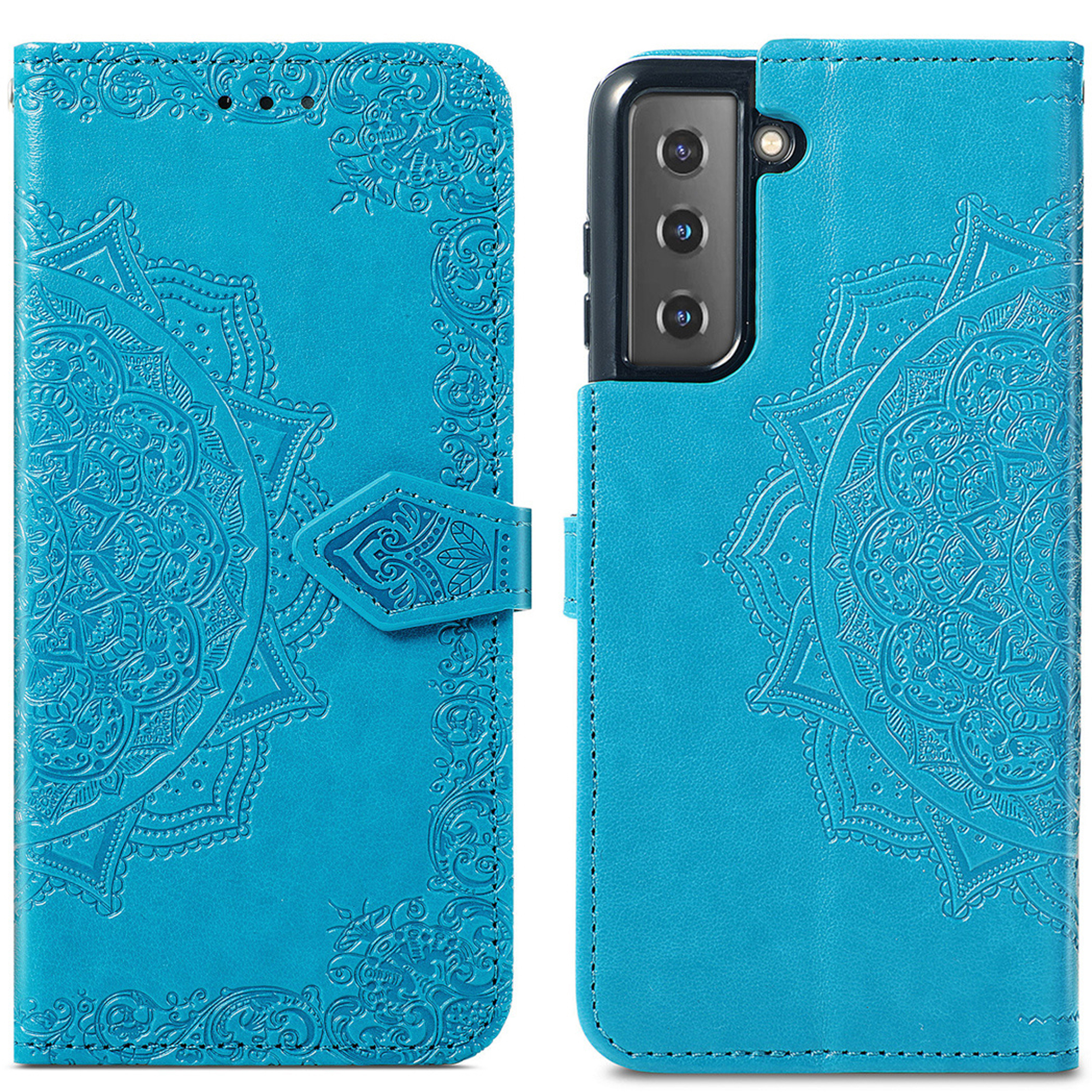 Blauwe telefoonhoes met mandala-reliëf, open, met telefoon erin.
