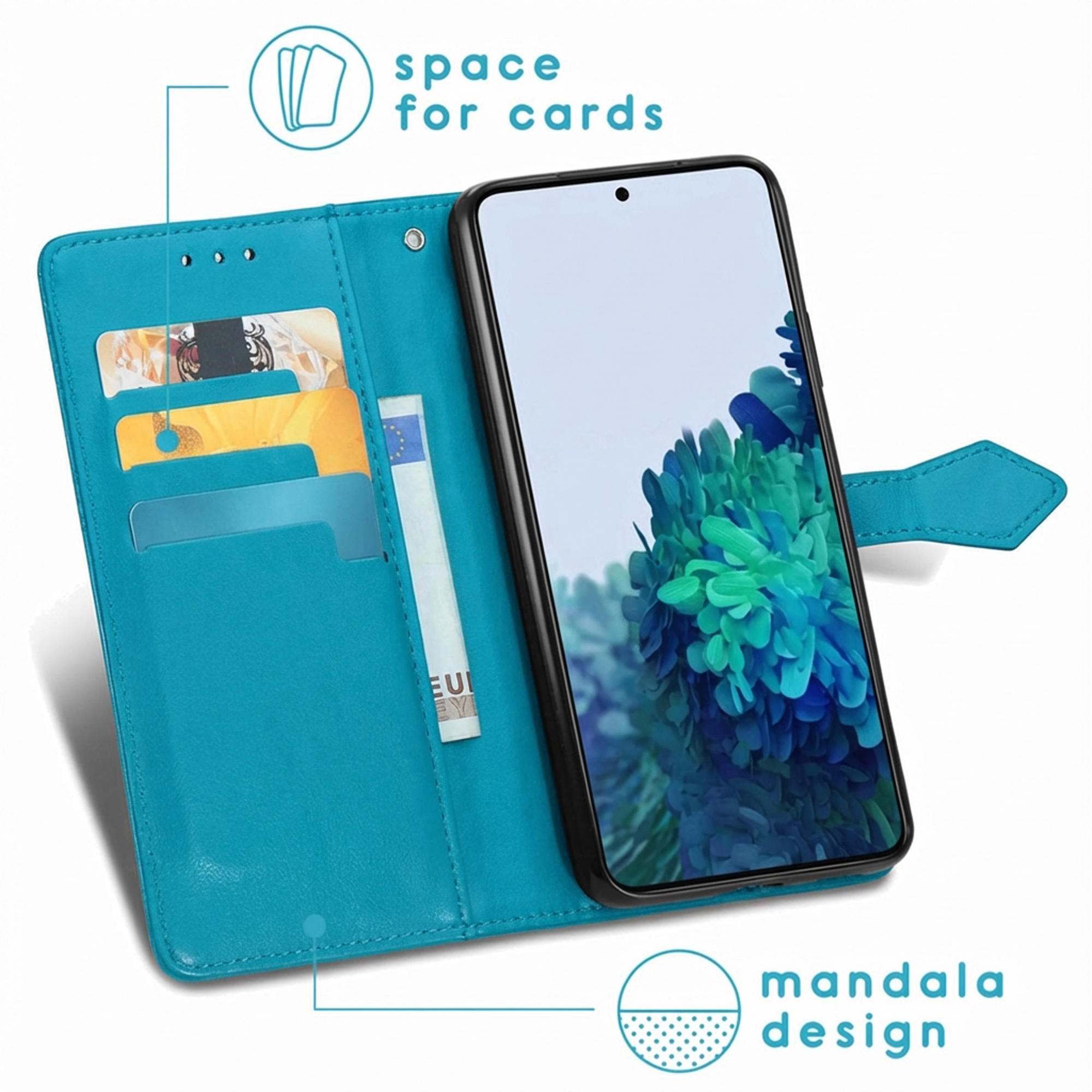 Turquoise telefoonhoes met kaarthouders en mandala-ontwerp op het scherm.