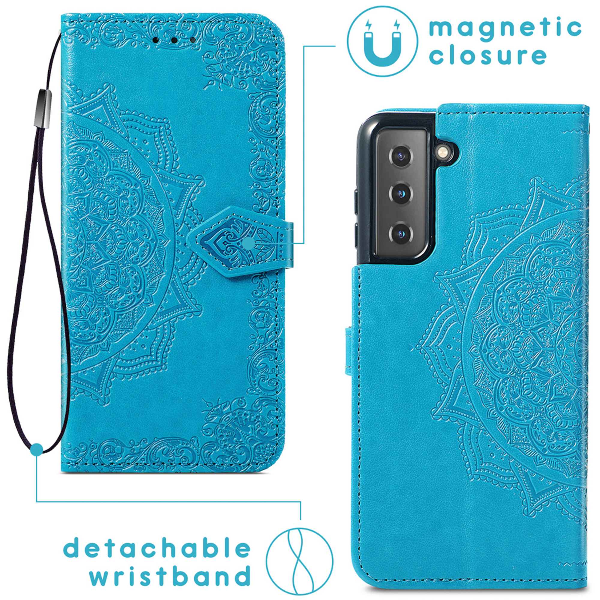 Blauw telefoonhoesje met reliëf mandala, afneembare polsband en magnetische sluiting.