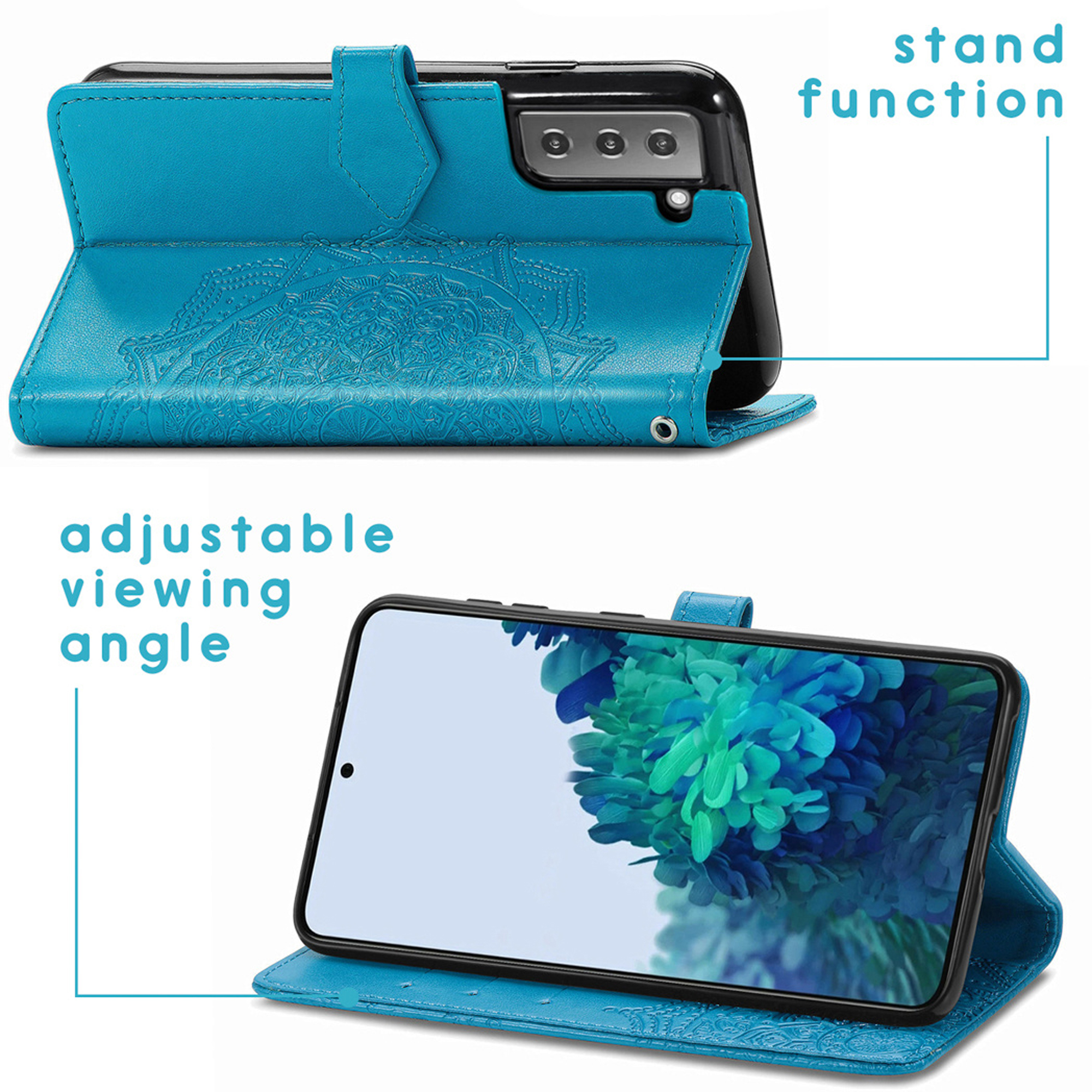 Blauwe telefoonhoes met mandala-reliëf, toont standaardfunctie en kijkhoek.
