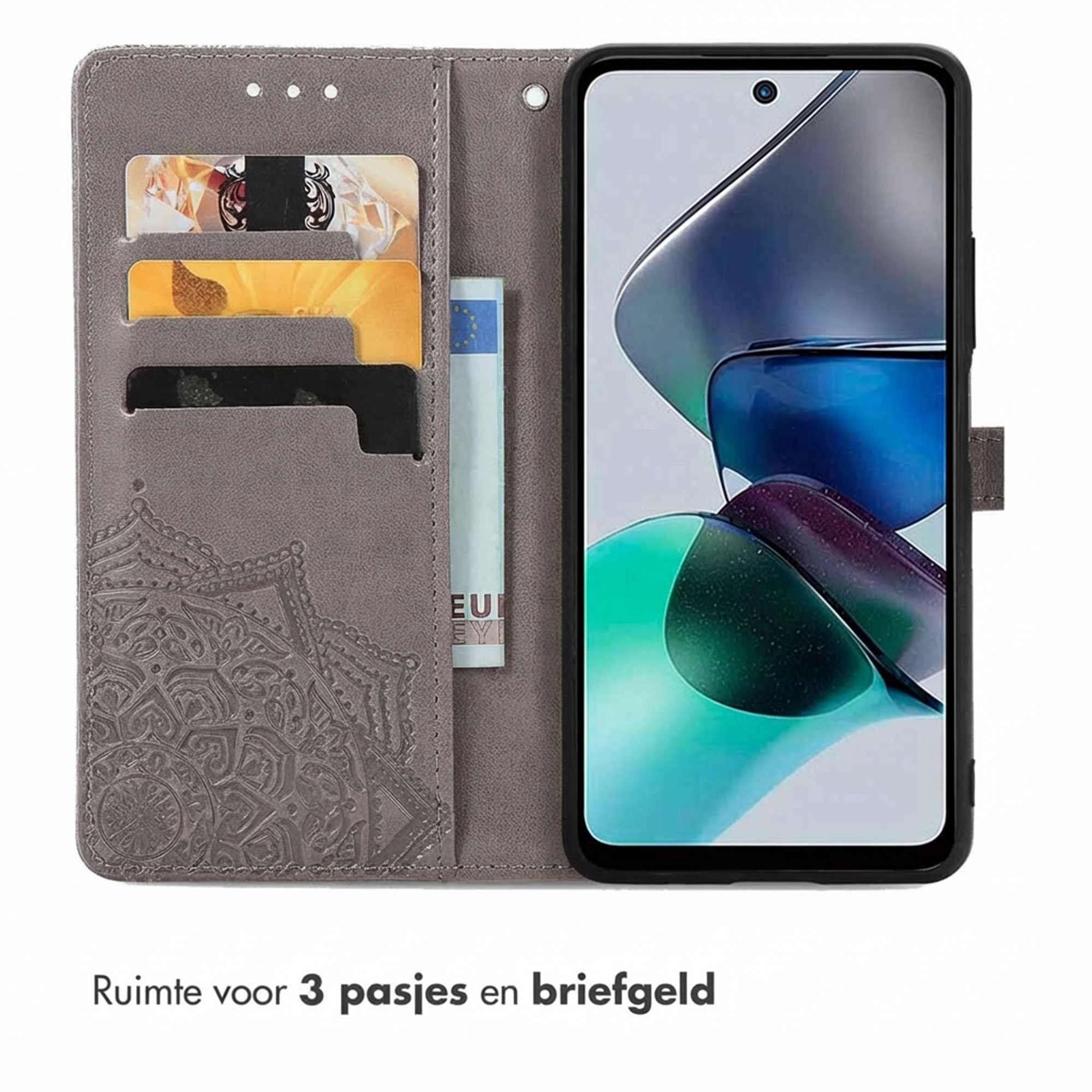 Grijze flip telefoonhoes met kaartsleuven en bankbiljet, ernaast smartphone.