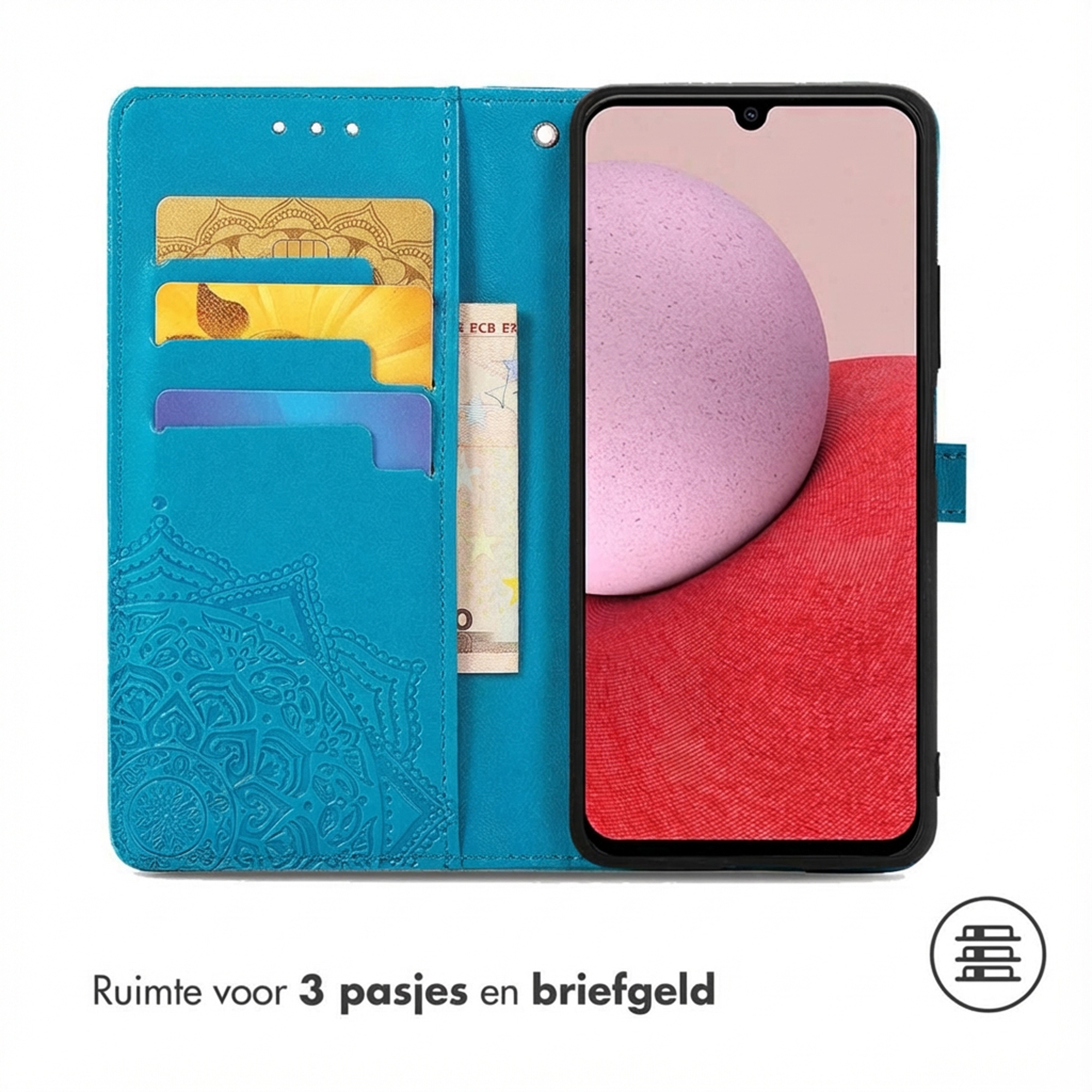 Turquoise telefoonhoes met kaarthouders en reliëf mandala.
