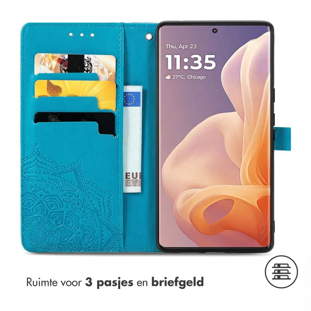 Una custodia a portafoglio blu con slot per carte e tasca per contanti, accanto a uno smartphone.