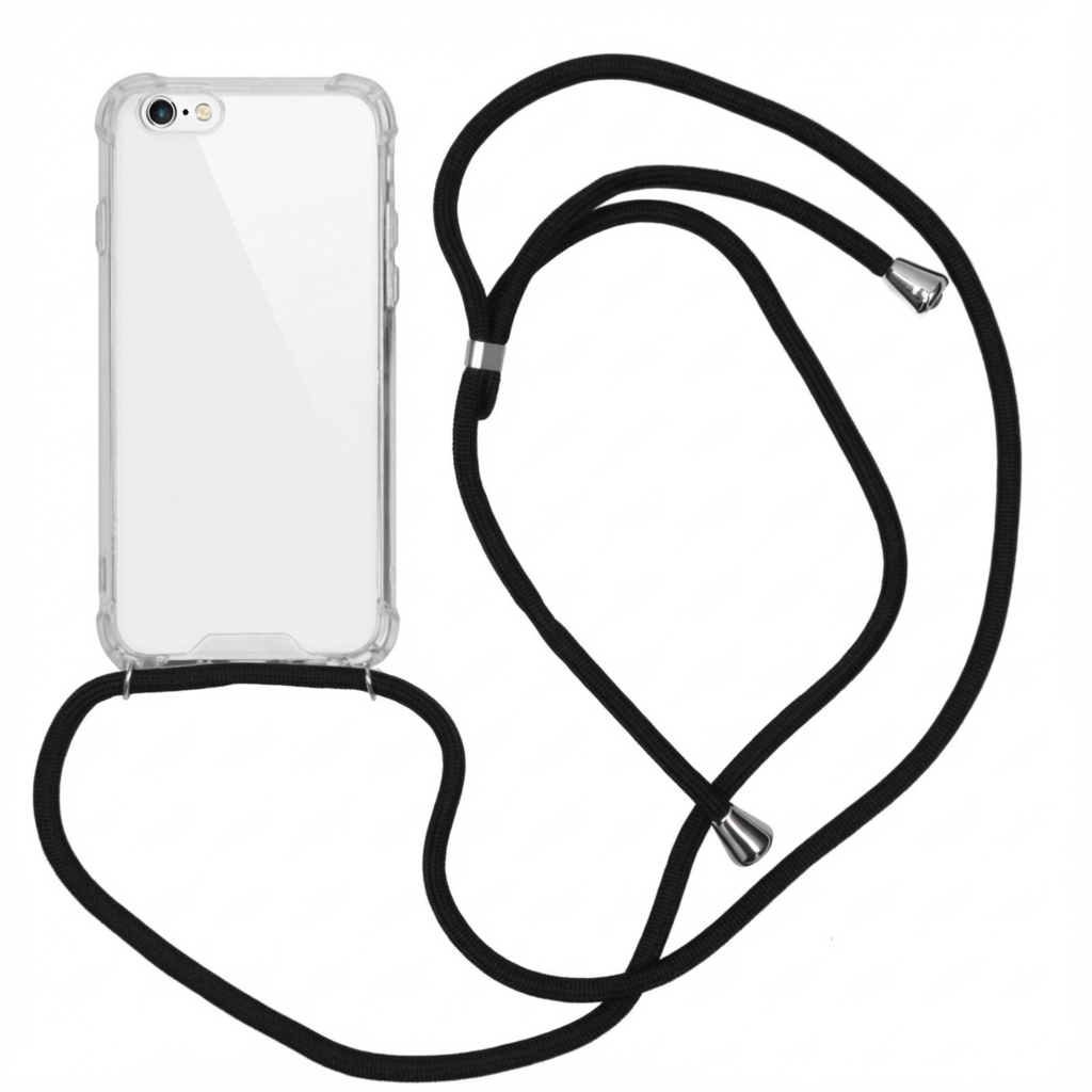 Een doorzichtige telefoonhoes met een zwart koord om de nek te dragen.