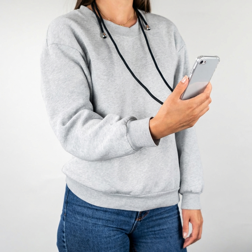 Vrouw in grijze trui en spijkerbroek houdt smartphone met koord vast.
