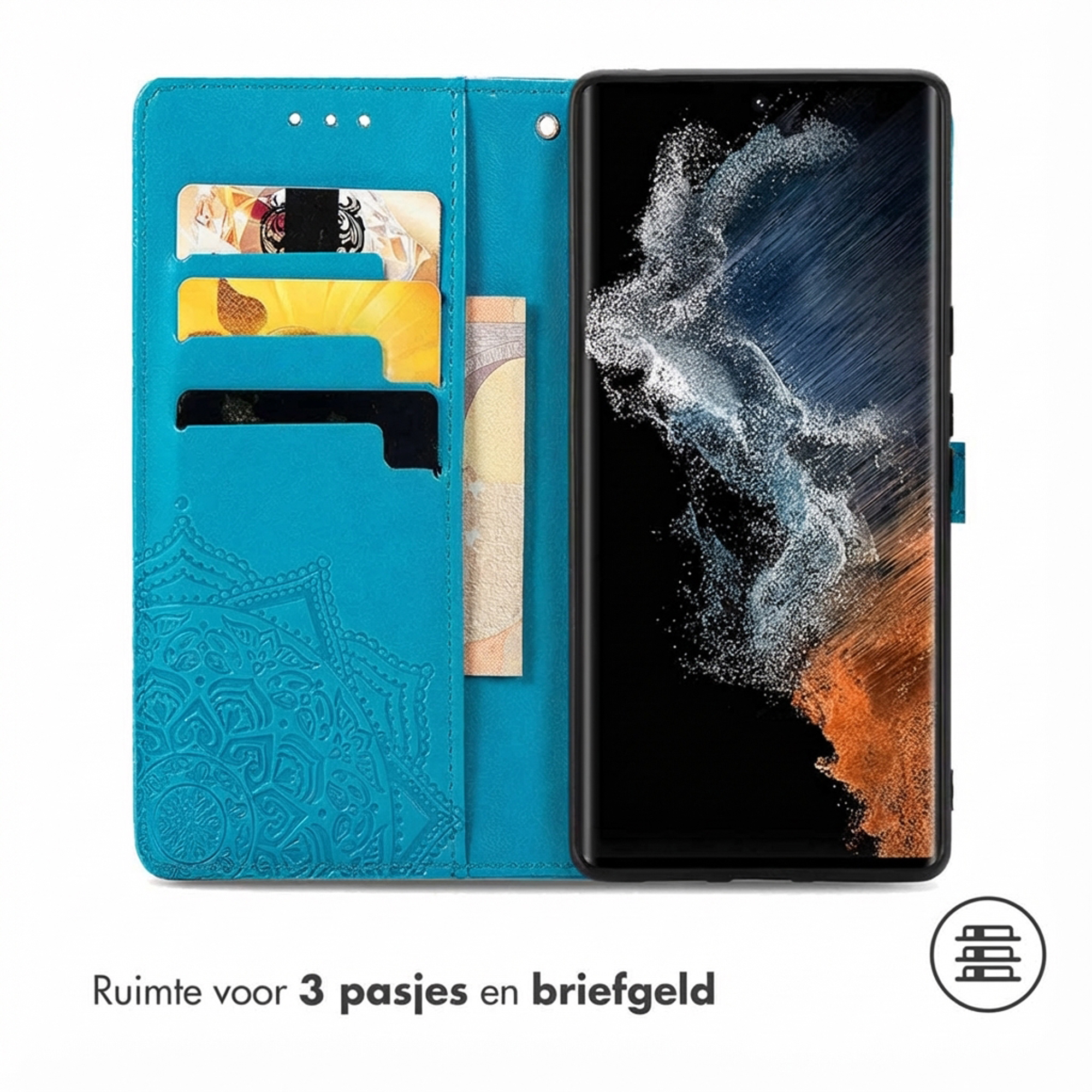Een blauwe portemonneehoes voor een smartphone met kaarthouders.