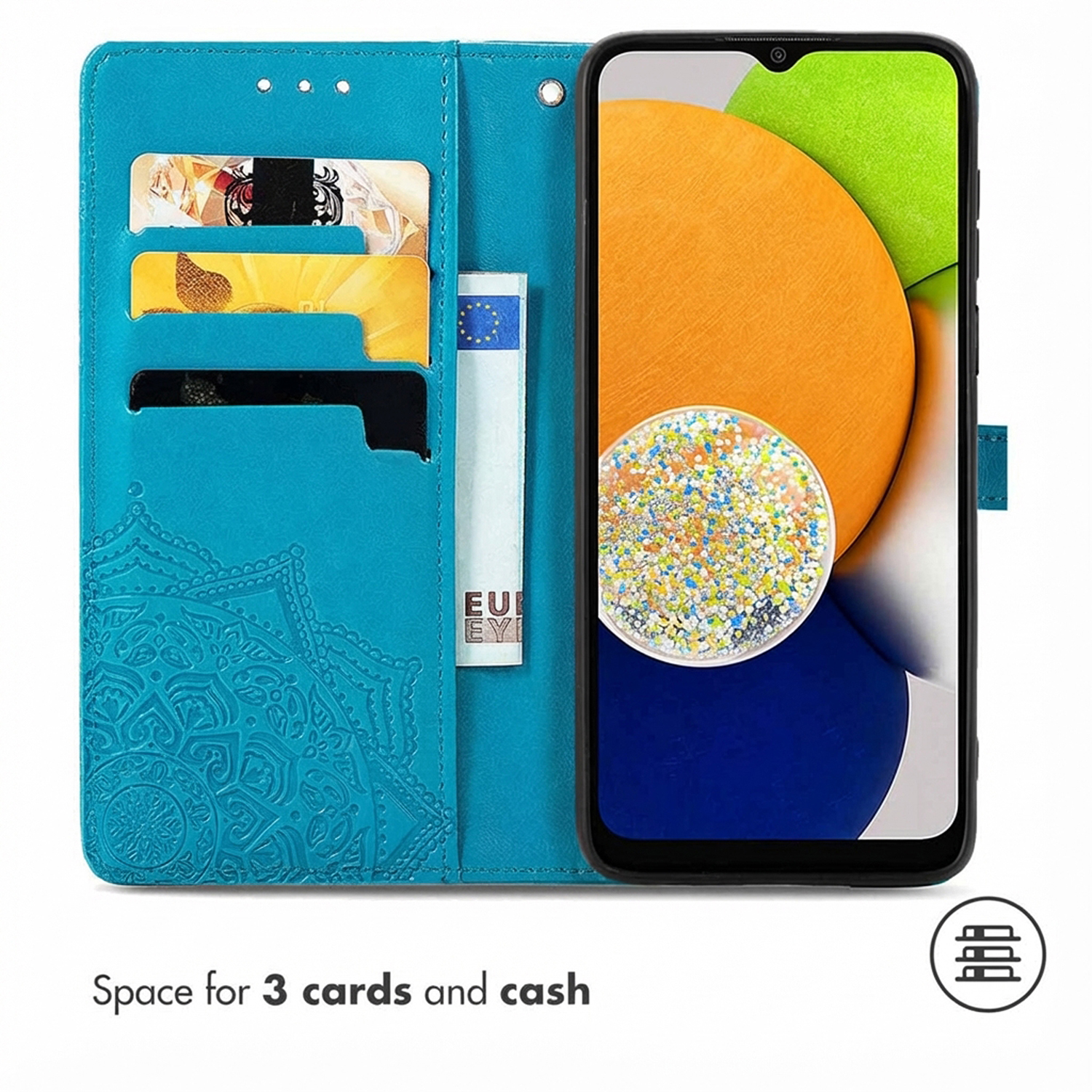 Turquoise telefoonhoesje met kaarthouders en mandala patroon. Een smartphone is ingevoegd.