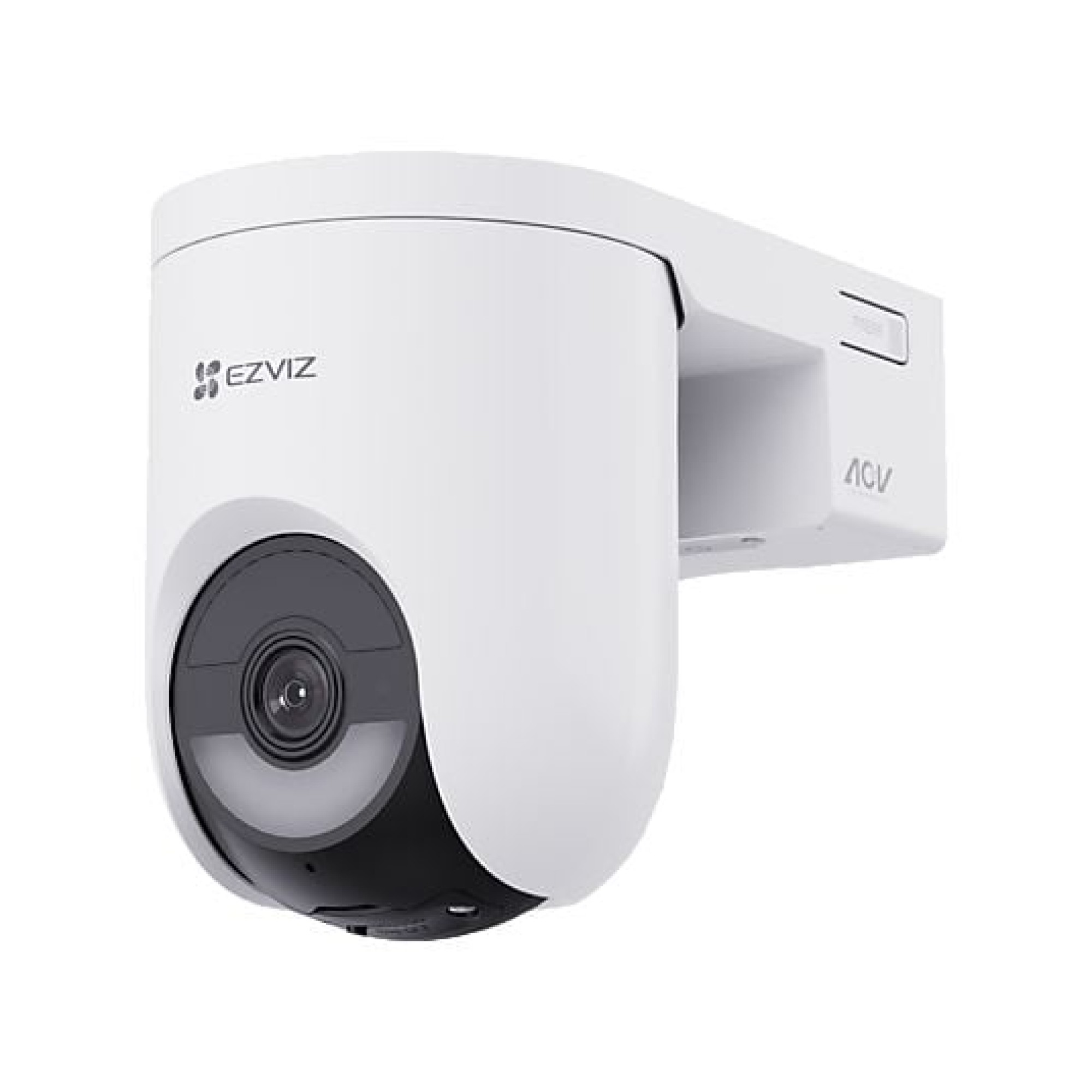 Witte beveiligingscamera met zwarte lens, gemonteerd op een muurbeugel.