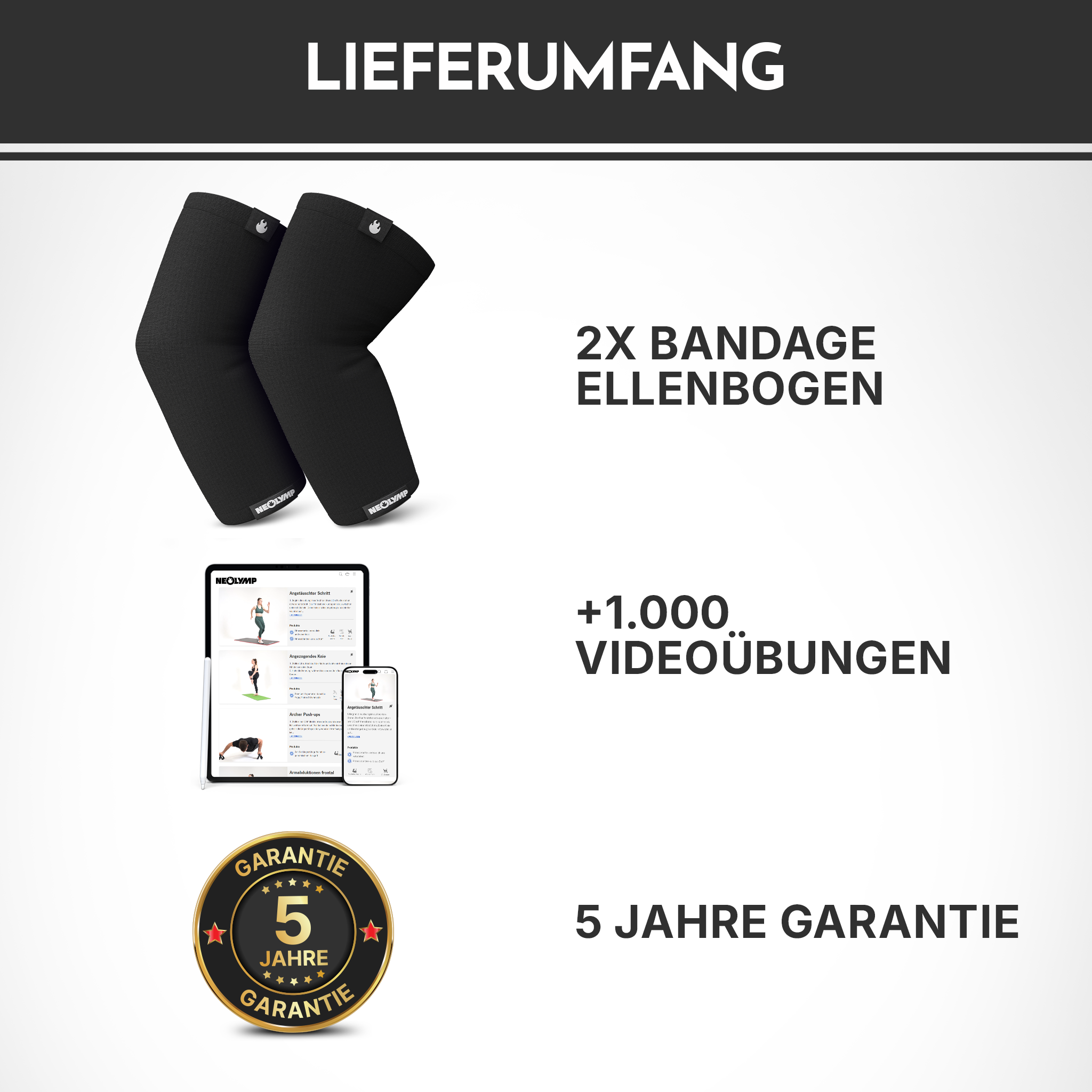 2x Bandagen, über 1000 Videoübungen und 5 Jahre Garantie.
