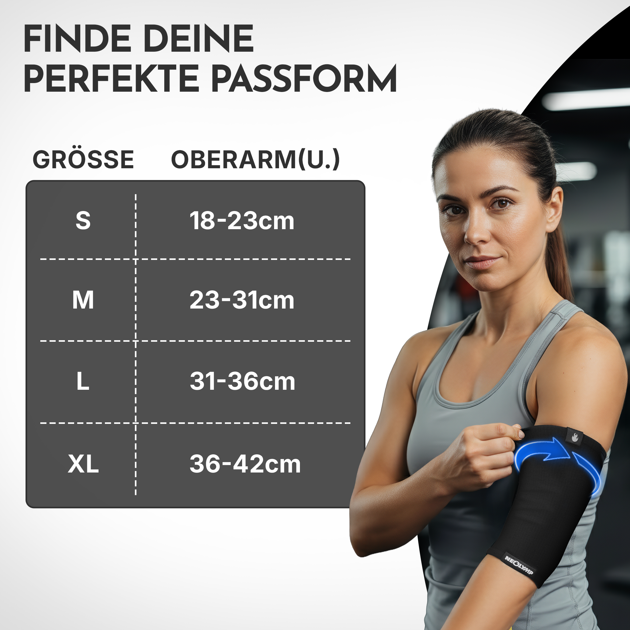Frau in Sportkleidung mit Größentabelle für Armmanschetten. Blaue Pfeile zeigen Anwendung.