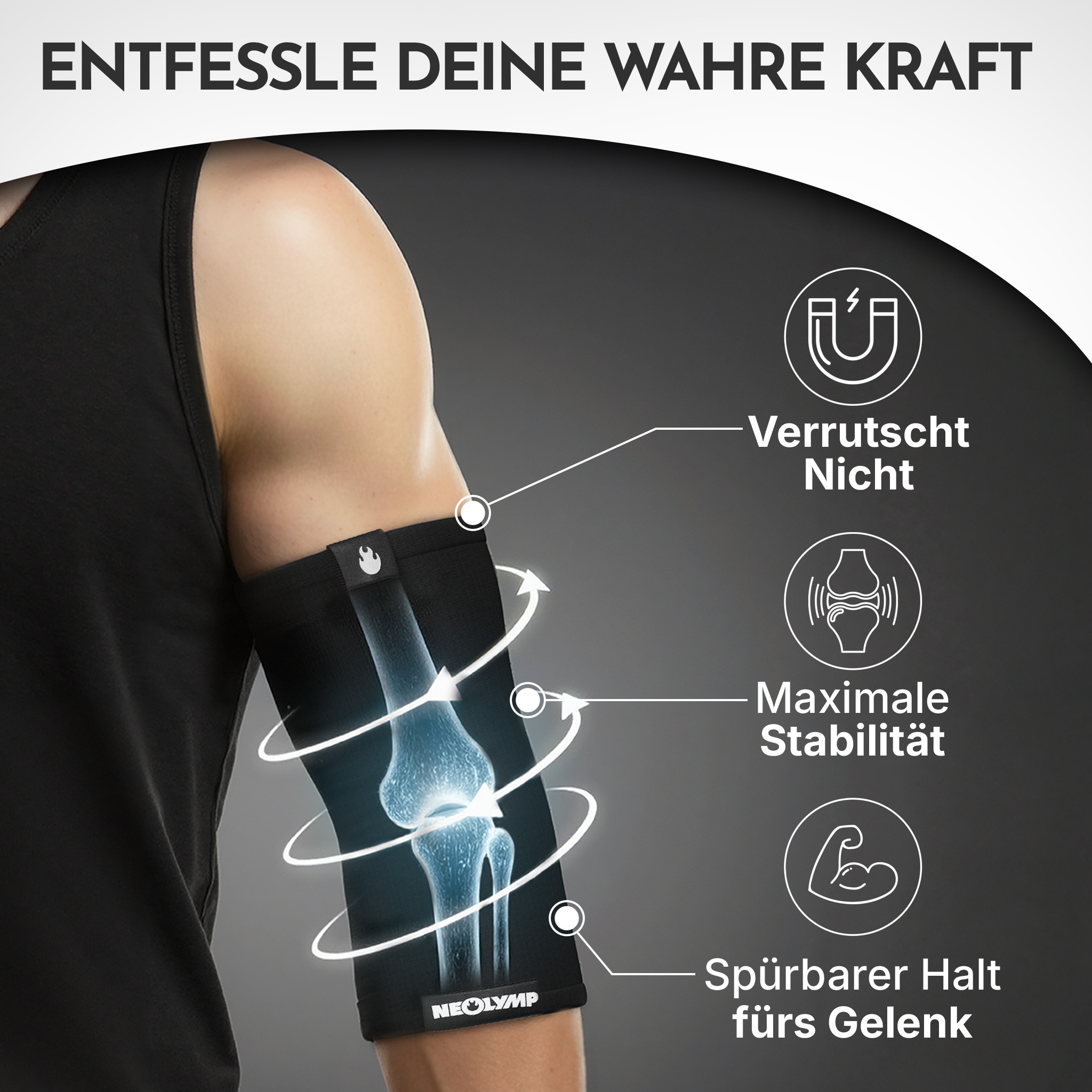 Armbandage mit Skelettgrafik und Text zu Stabilität.