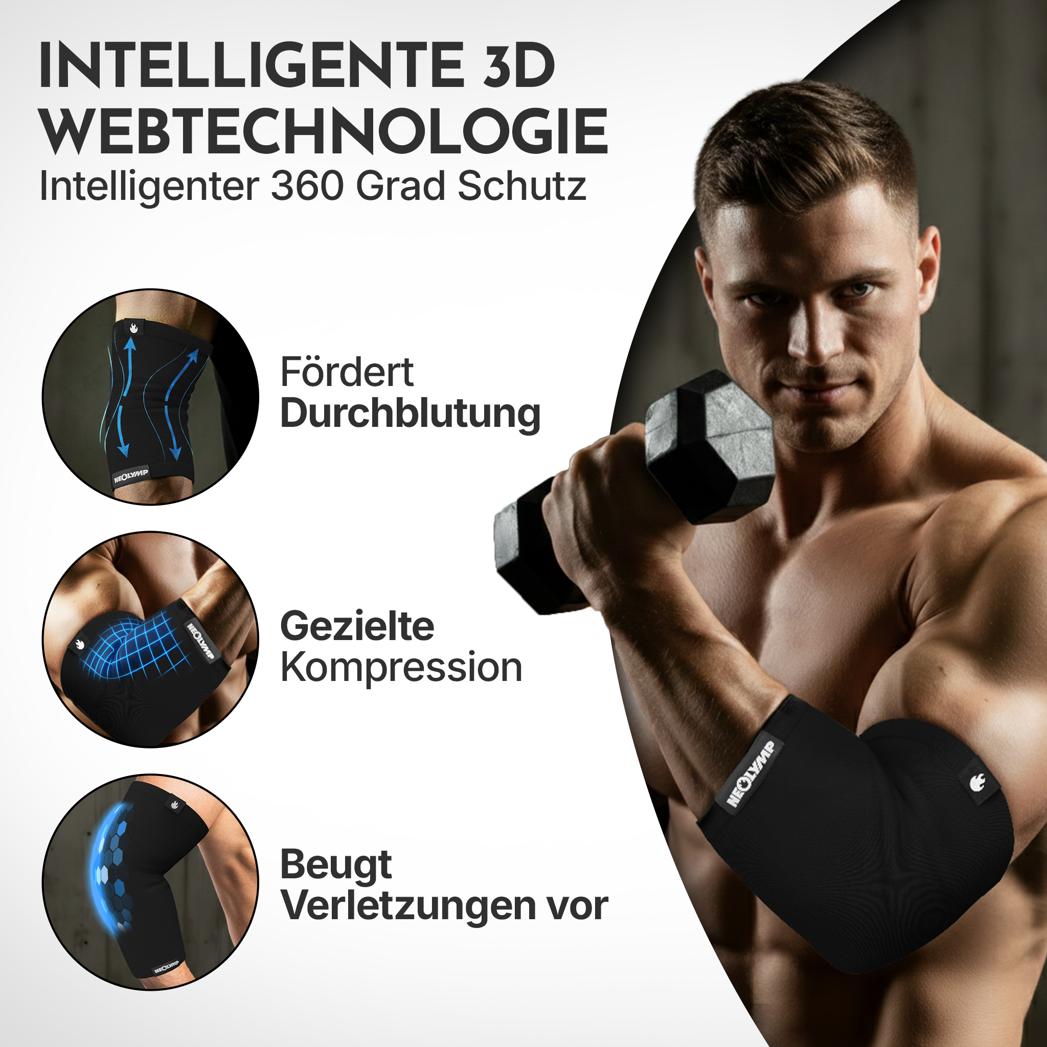 Mann mit Hantel, trägt schwarze Bandagen für Arm und Knie.