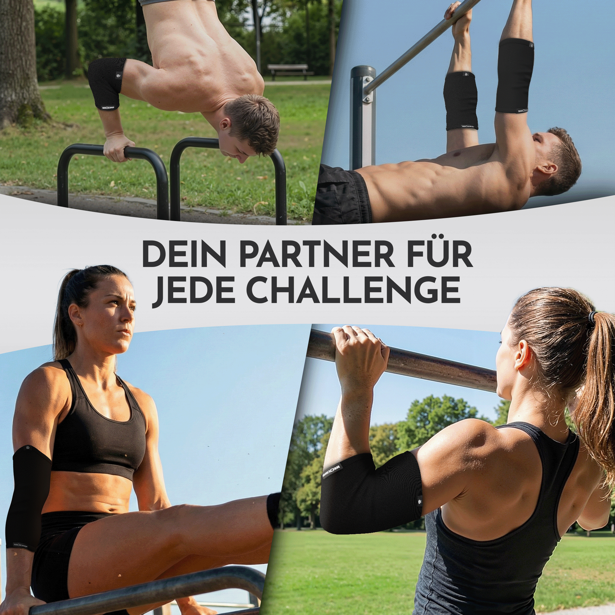 Collage von Sportlern, die draußen trainieren und Bandagen tragen.