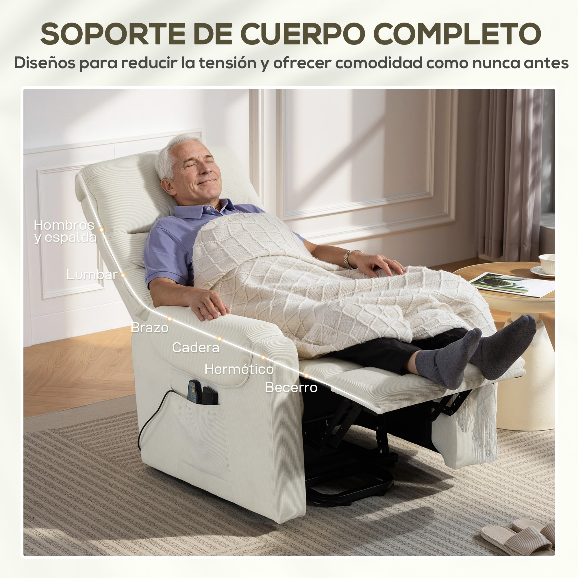 Un hombre mayor se relaja en un sillón reclinable beige, cubierto con una manta.