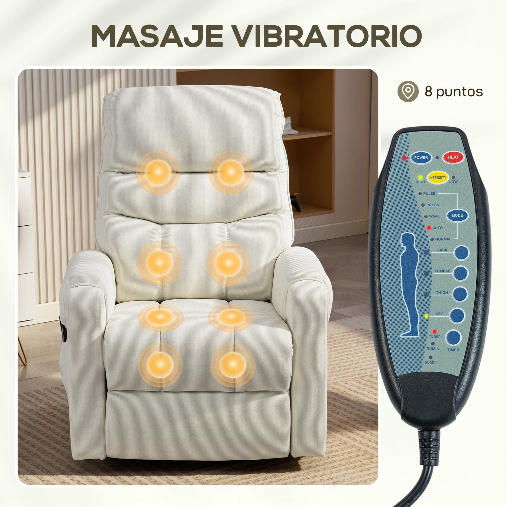 Un sillón de masaje blanco con 8 puntos de vibración y mando a distancia.