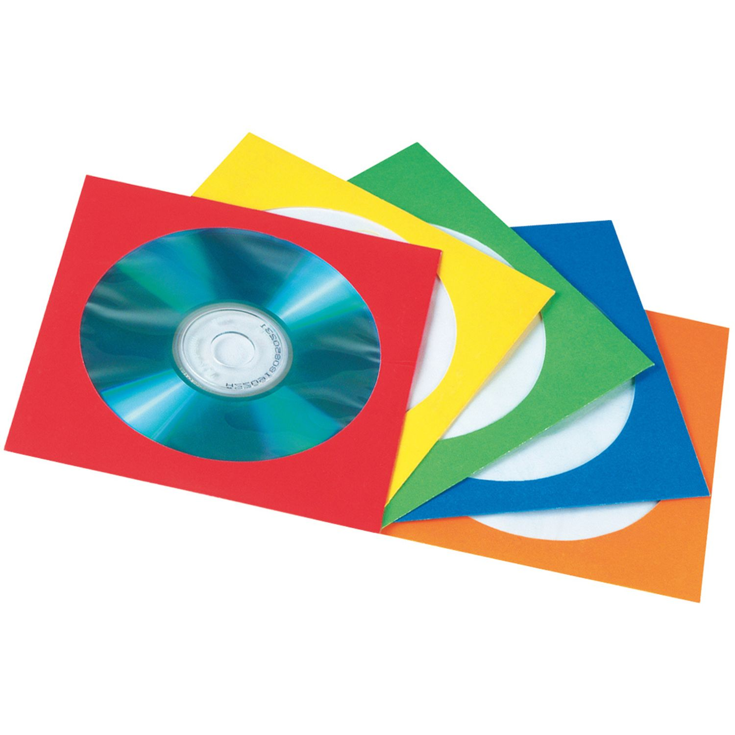 Ein rotes CD-Etui hält eine glänzende CD, dahinter gelbe, grüne, blaue und orangefarbene Hüllen.