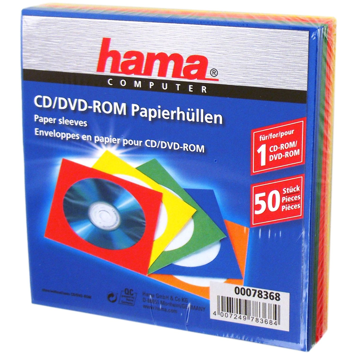Verpackung mit bunten CD/DVD-Hüllen von Hama, 50 Stück.