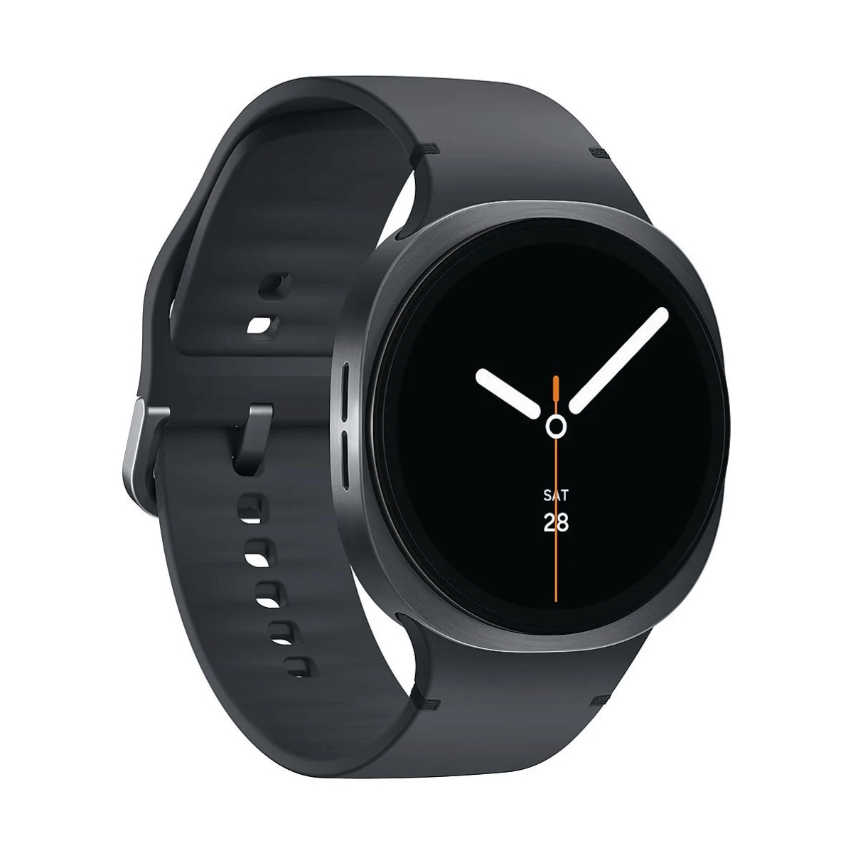 Uno smartwatch scuro con quadrante nero e lancette bianche, mostra data.