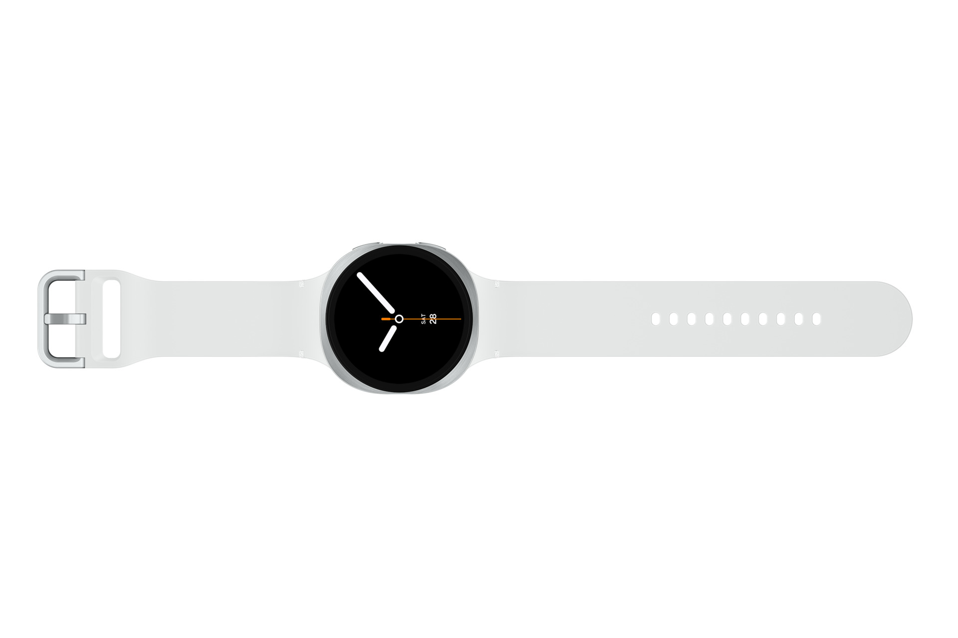 Biały smartwatch z czarną tarczą i srebrną obudową, na białym tle.
