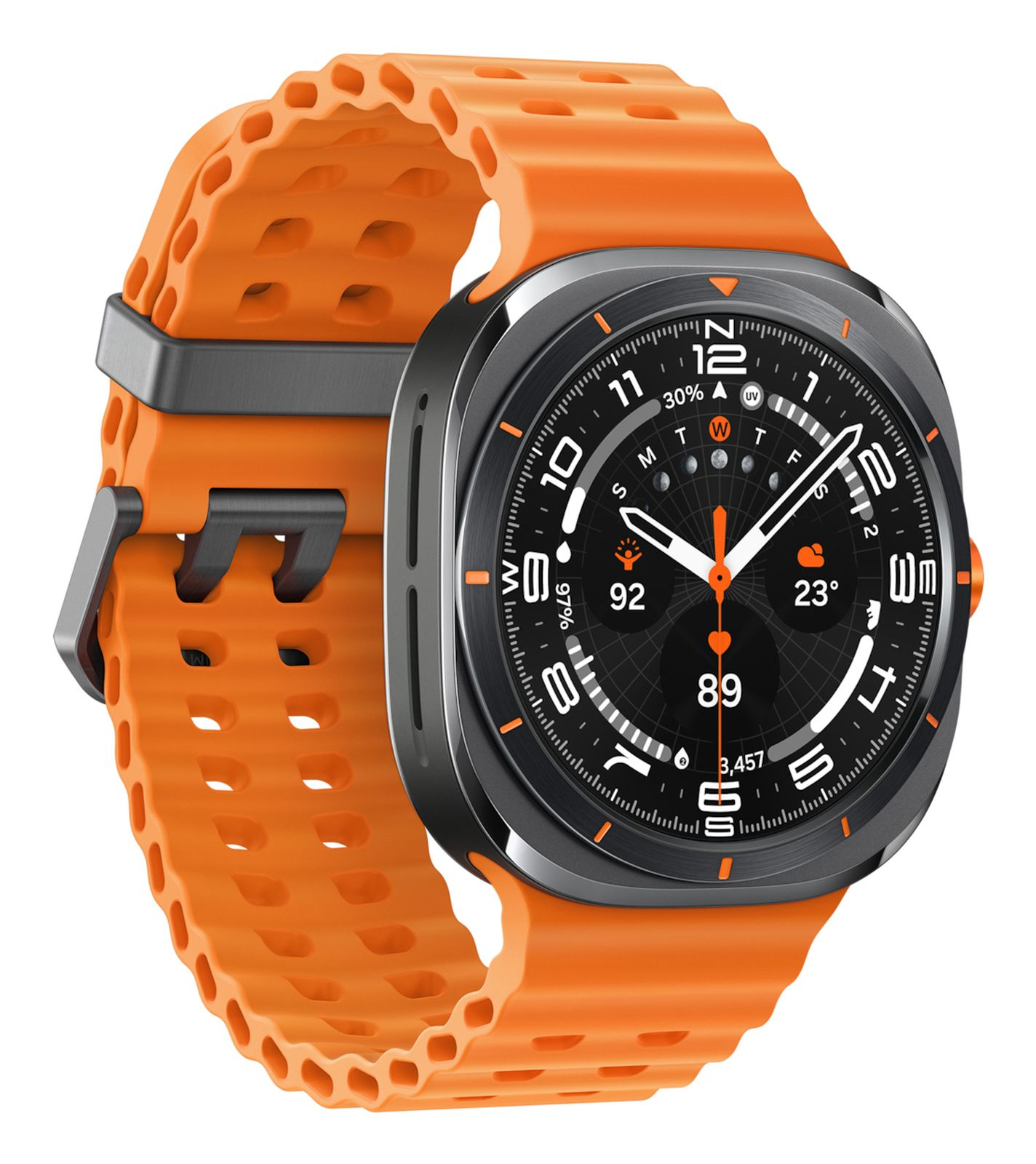 Uno smartwatch arancione con display digitale nero e cassa argentata.
