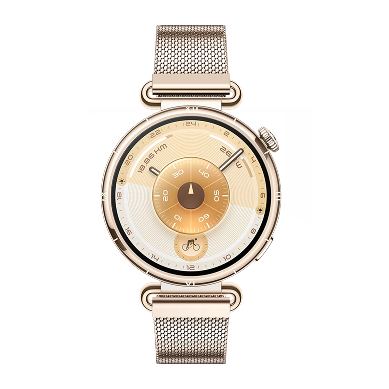 Een gouden smartwatch met analoge wijzerplaat en mesh band op zwarte achtergrond.