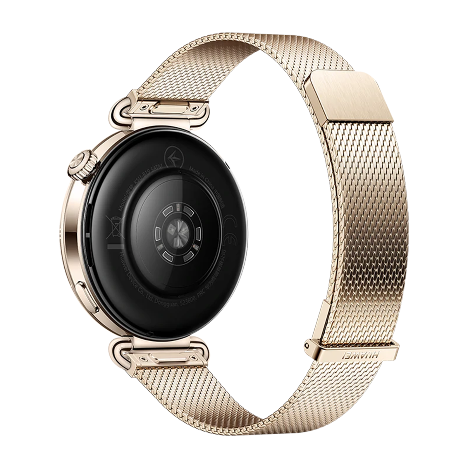 Een gouden smartwatch met Milanese band op zwarte achtergrond.