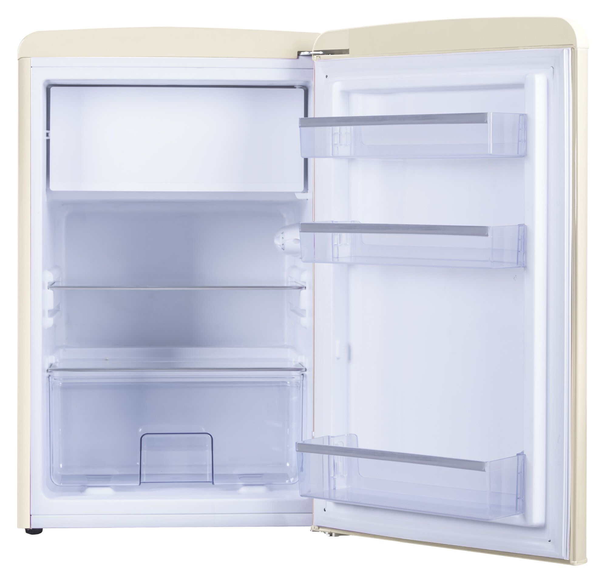 Un refrigerador abierto de color crema con estantes de vidrio y un cajón.