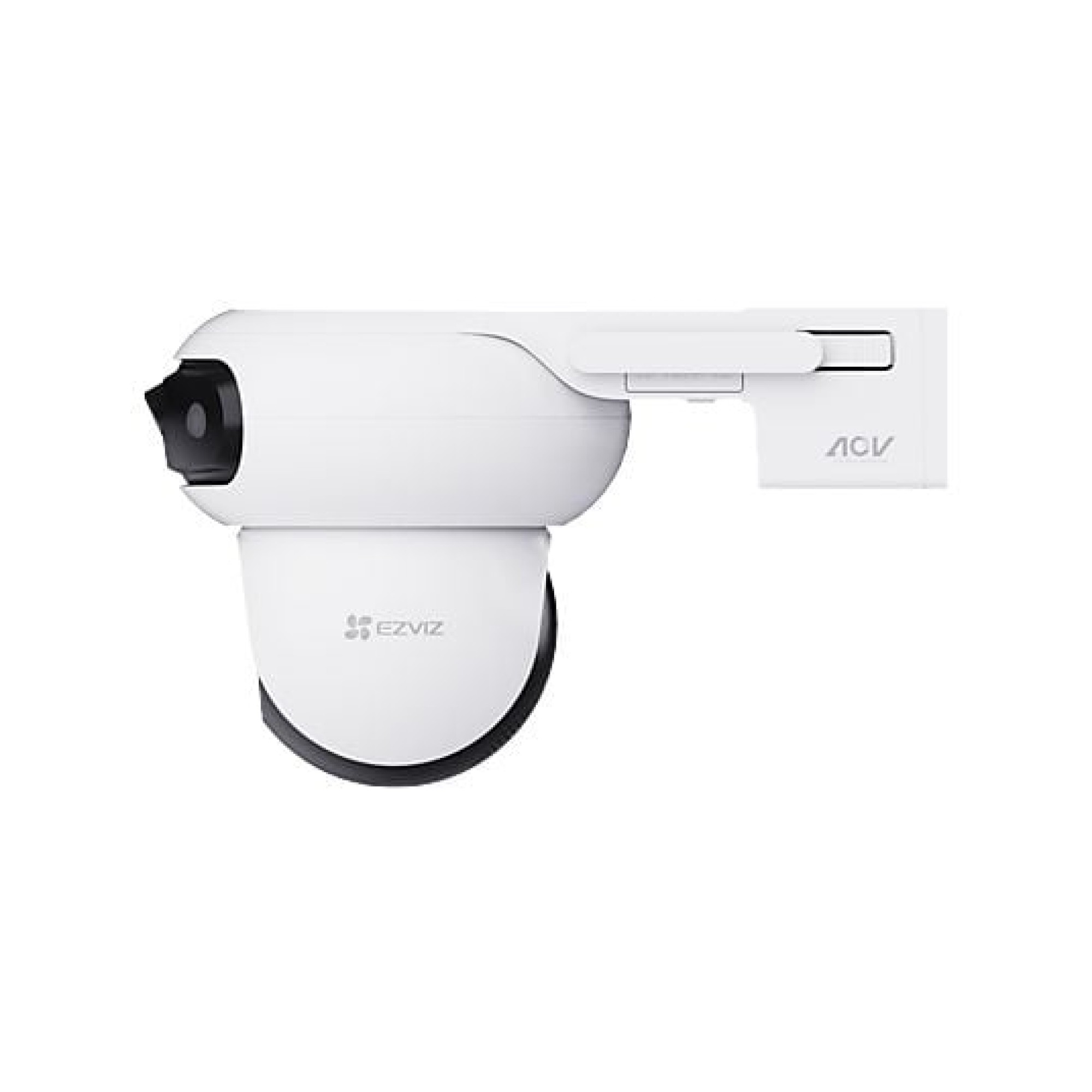 A white surveillance camera with pan/tilt function is mounted on a bracket.