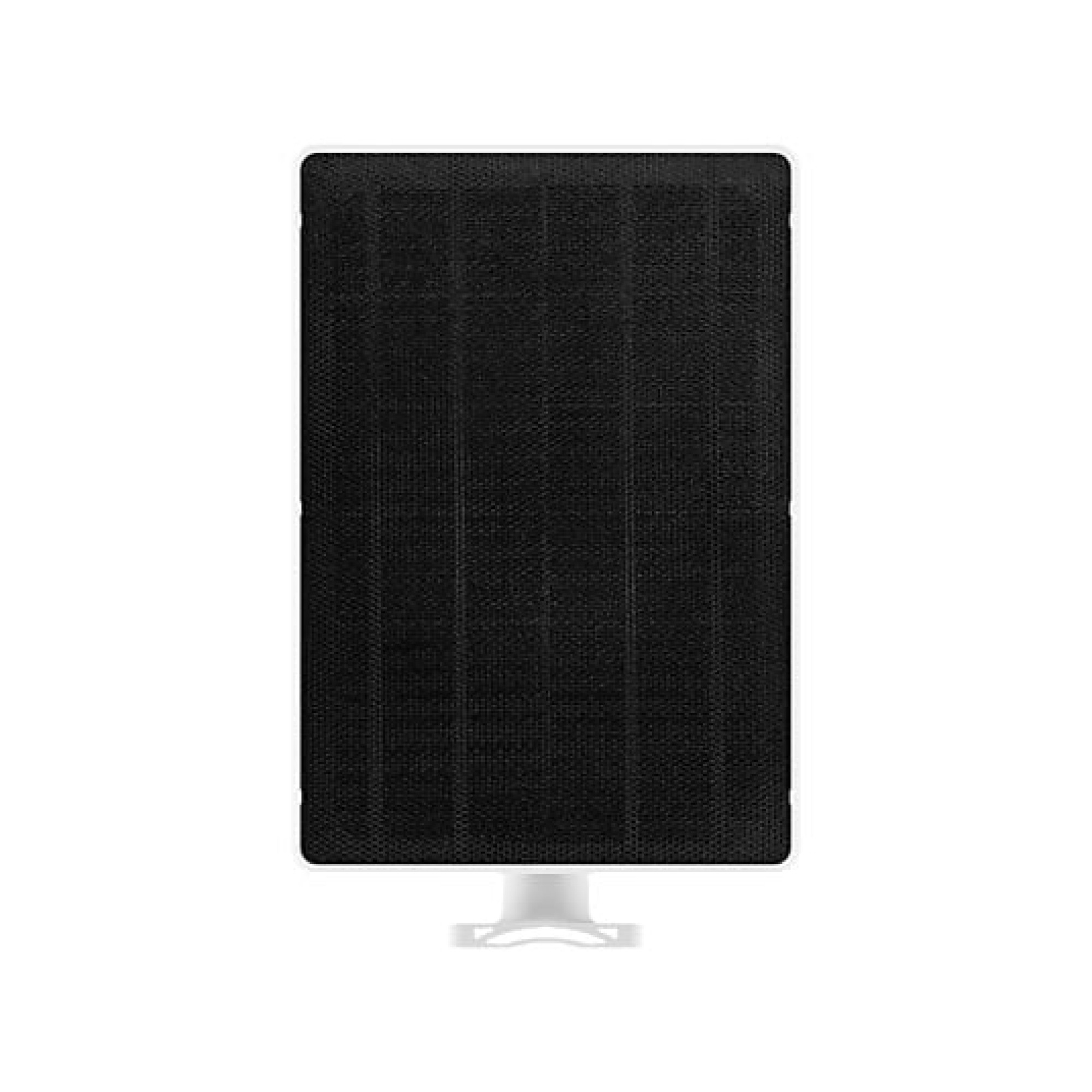 A rectangular black solar panel with a white stand.