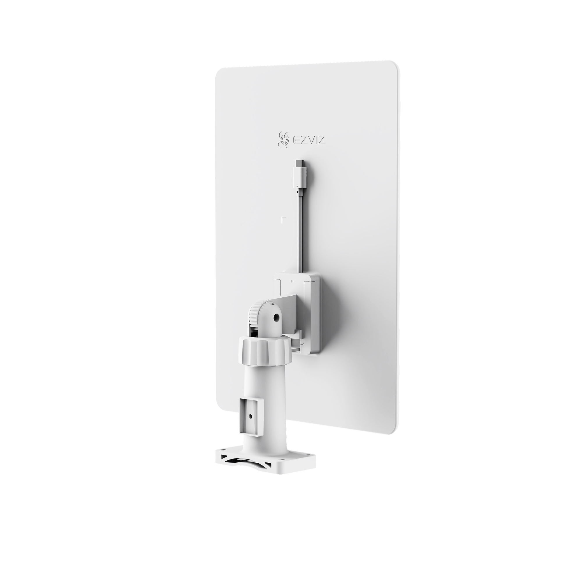 White back of a security camera with cable and adjustable mount.