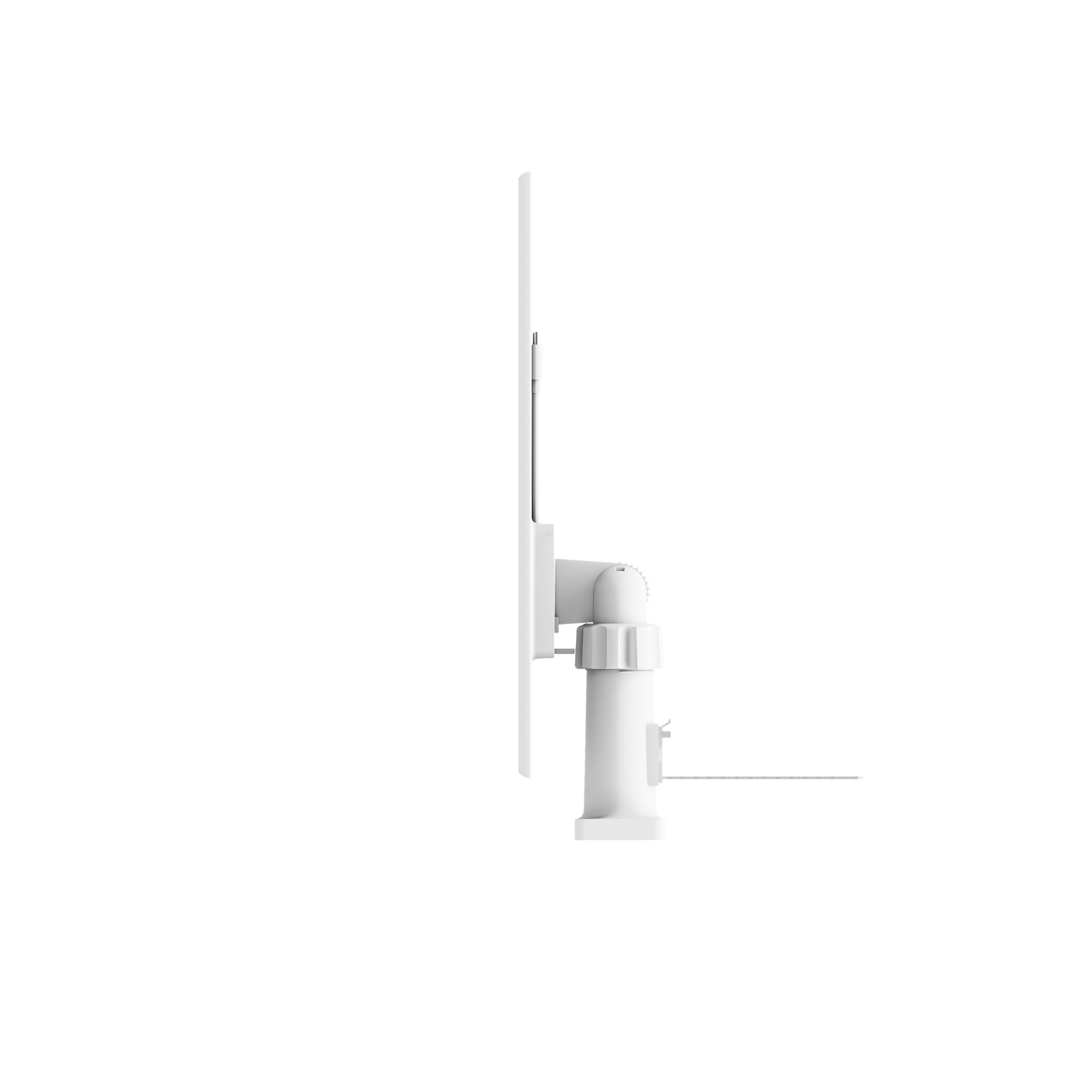 A white monitor arm with an adjustable joint and a knob.