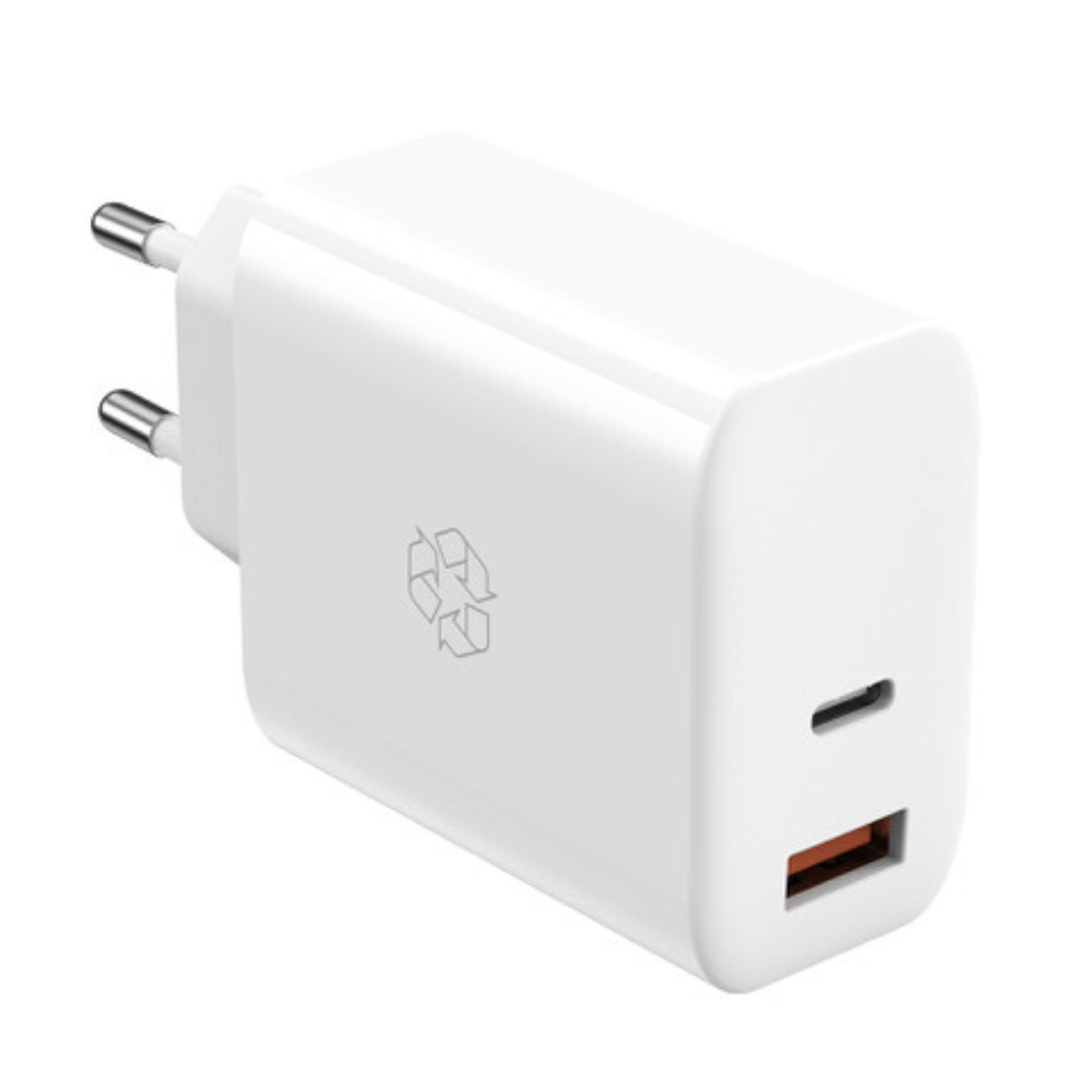 Witte USB-oplader met twee poorten: één USB-C en één USB-A. EU-stekker.