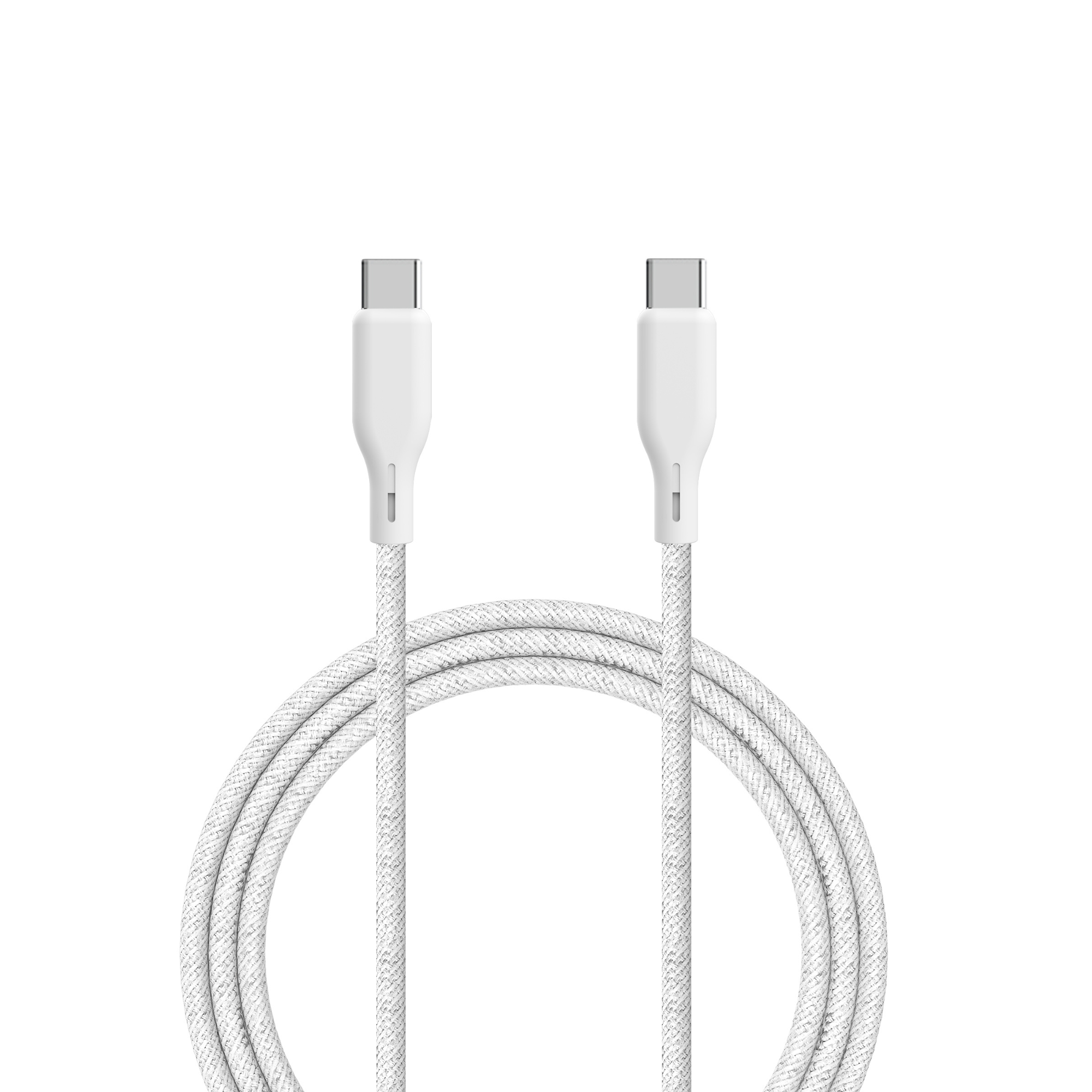 Twee witte USB-C kabels met stoffen omhulsel in een cirkel.