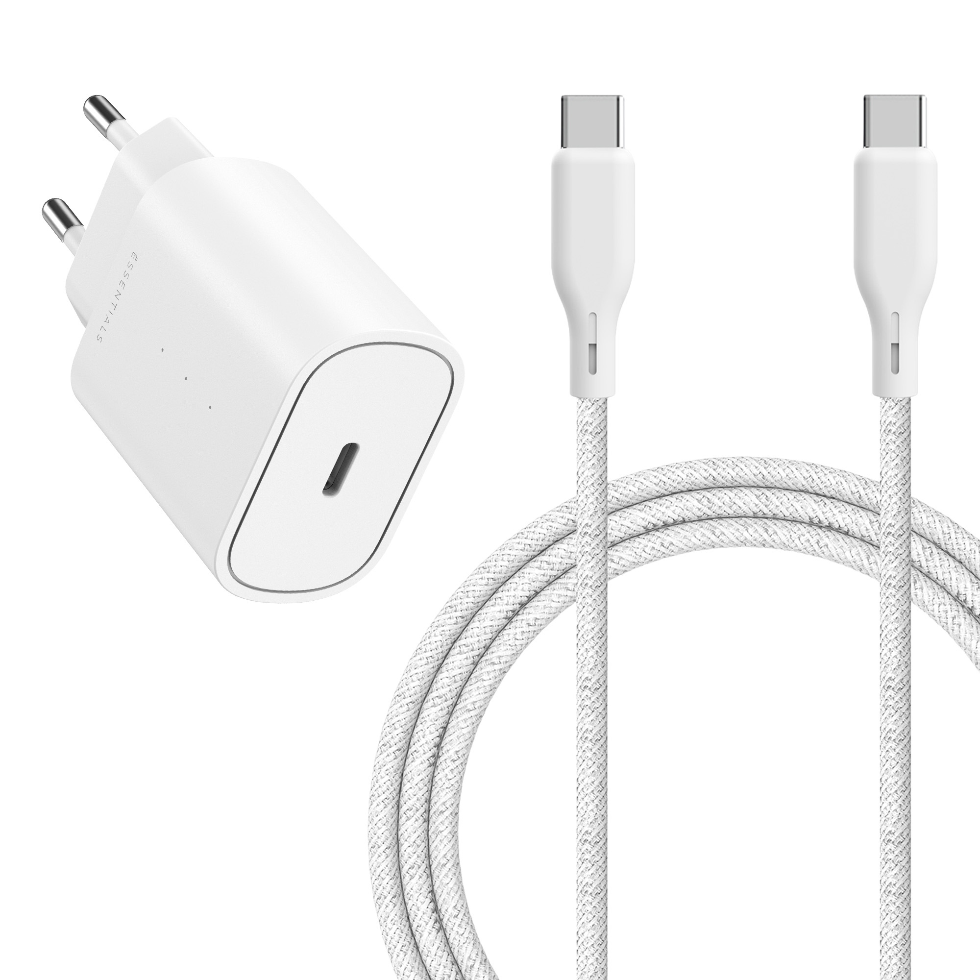 Een witte USB-C-adapter met EU-stekker en een witte USB-C-kabel.