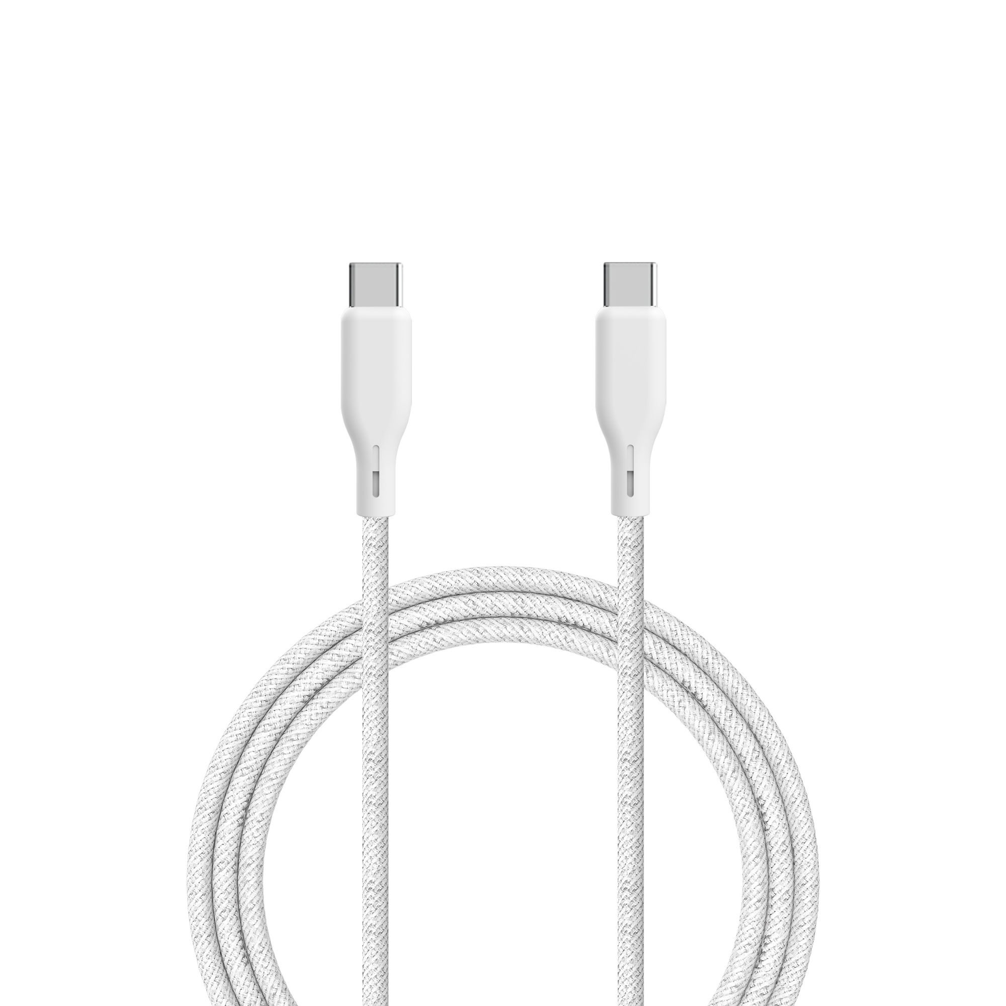 Twee witte USB-C kabels met stoffen omhulsel, opgerold.
