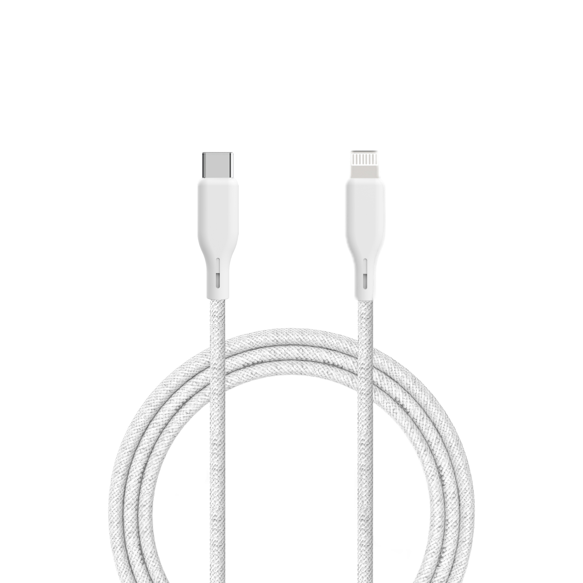 Witte USB-C naar Lightning kabel met stoffen vlechtwerk en connectoren.